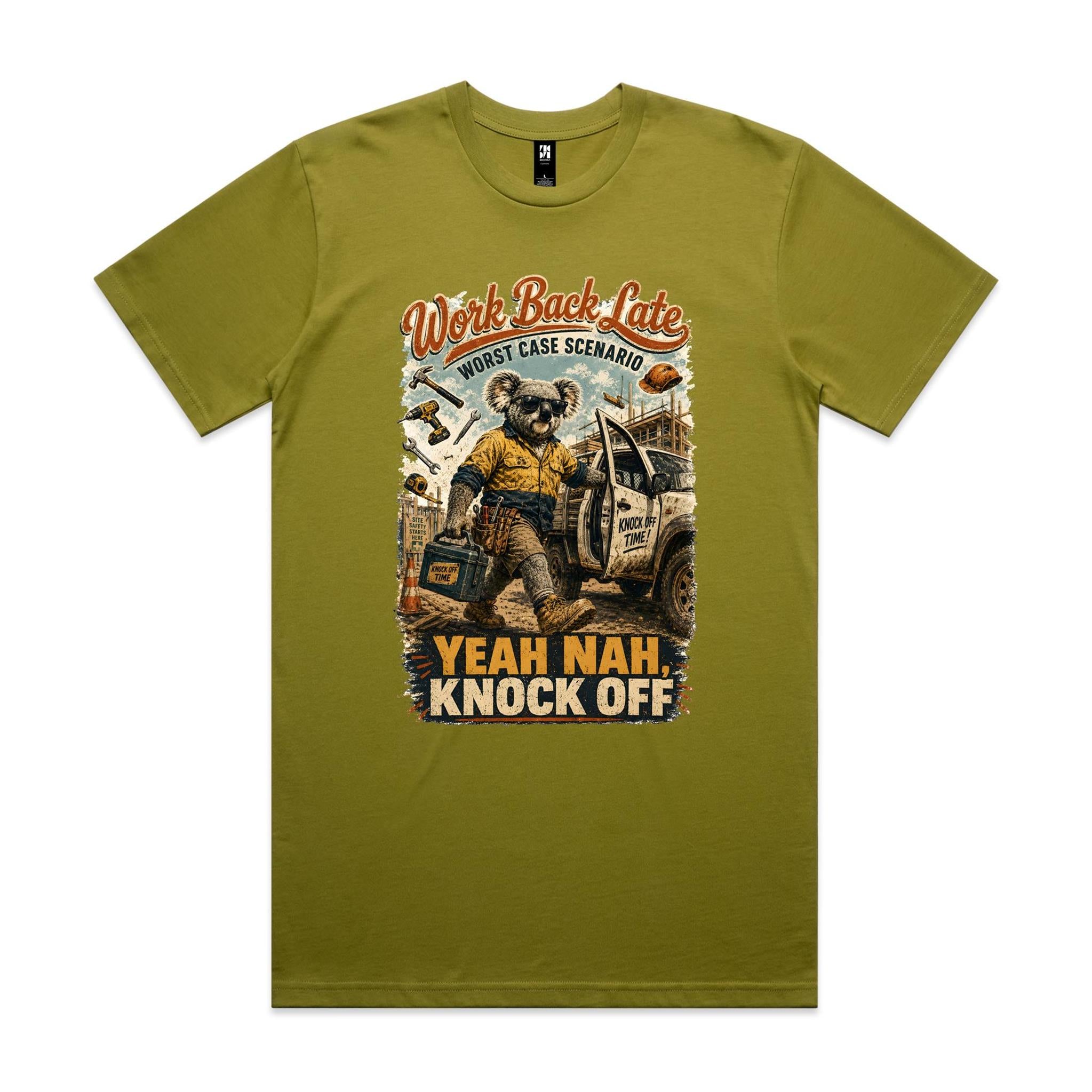 Work Back Late — Yeah Nah, Knock Off | Koala Tradie Tee