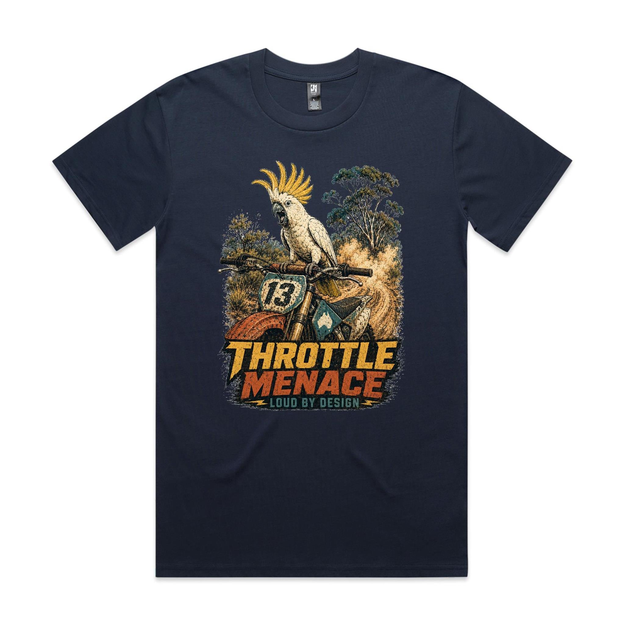 Throttle Menace, Loud by Design — Cockatoo Dirt Bike Tee