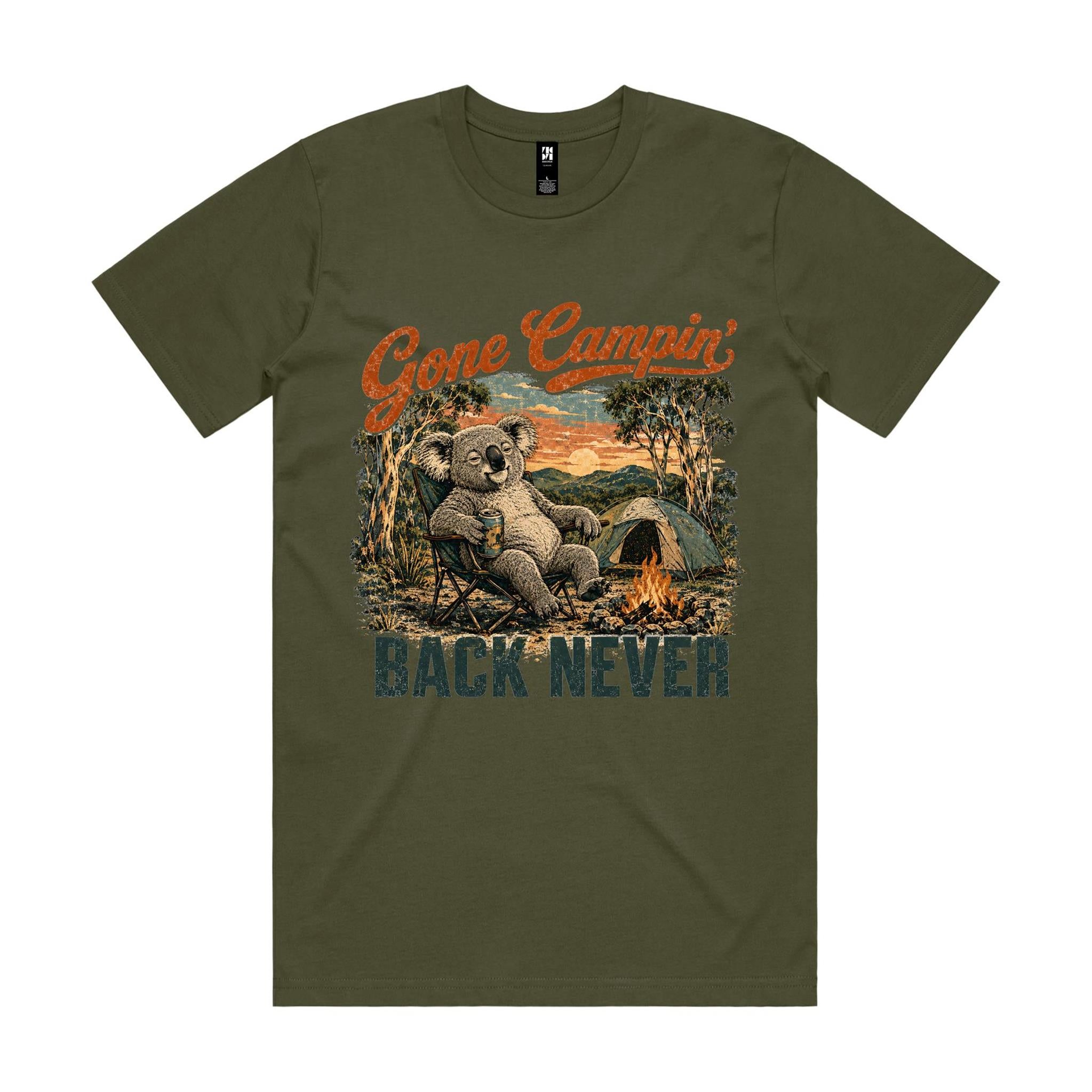 Gone Campin' Back Never — Koala Camping Tee