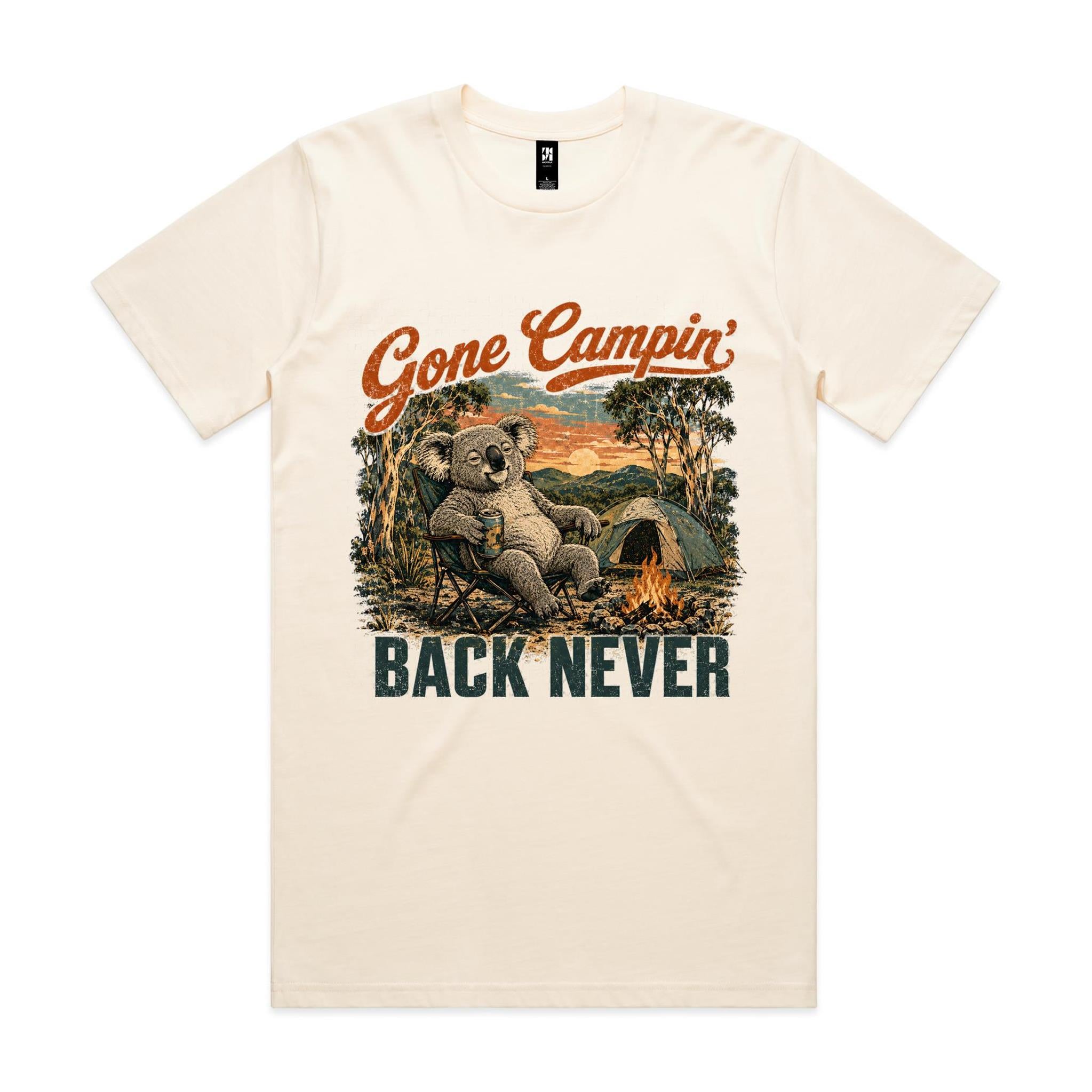 Gone Campin' Back Never — Koala Camping Tee