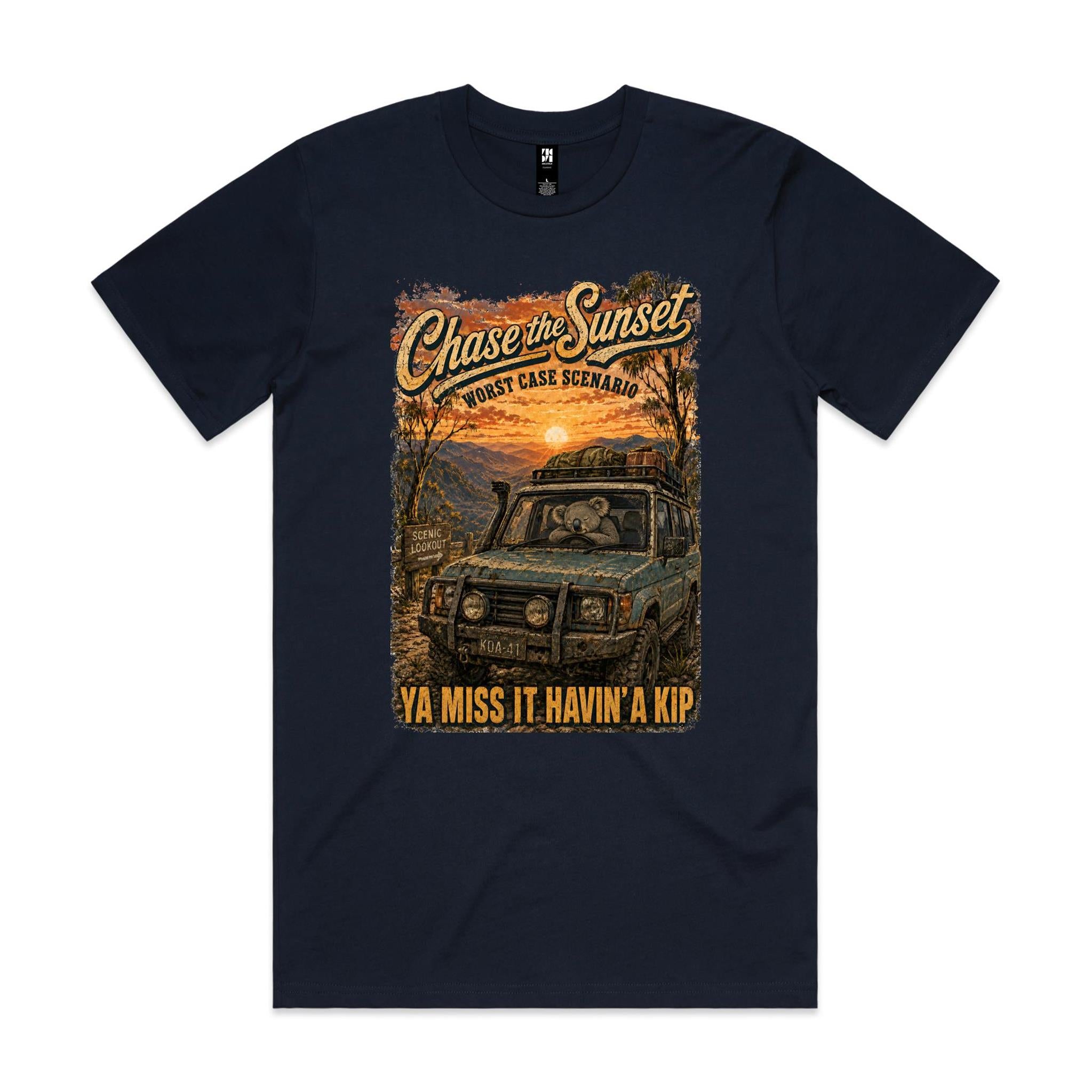 Chase the Sunset — Ya Miss It Havin' a Kip | Koala 4WD Tee