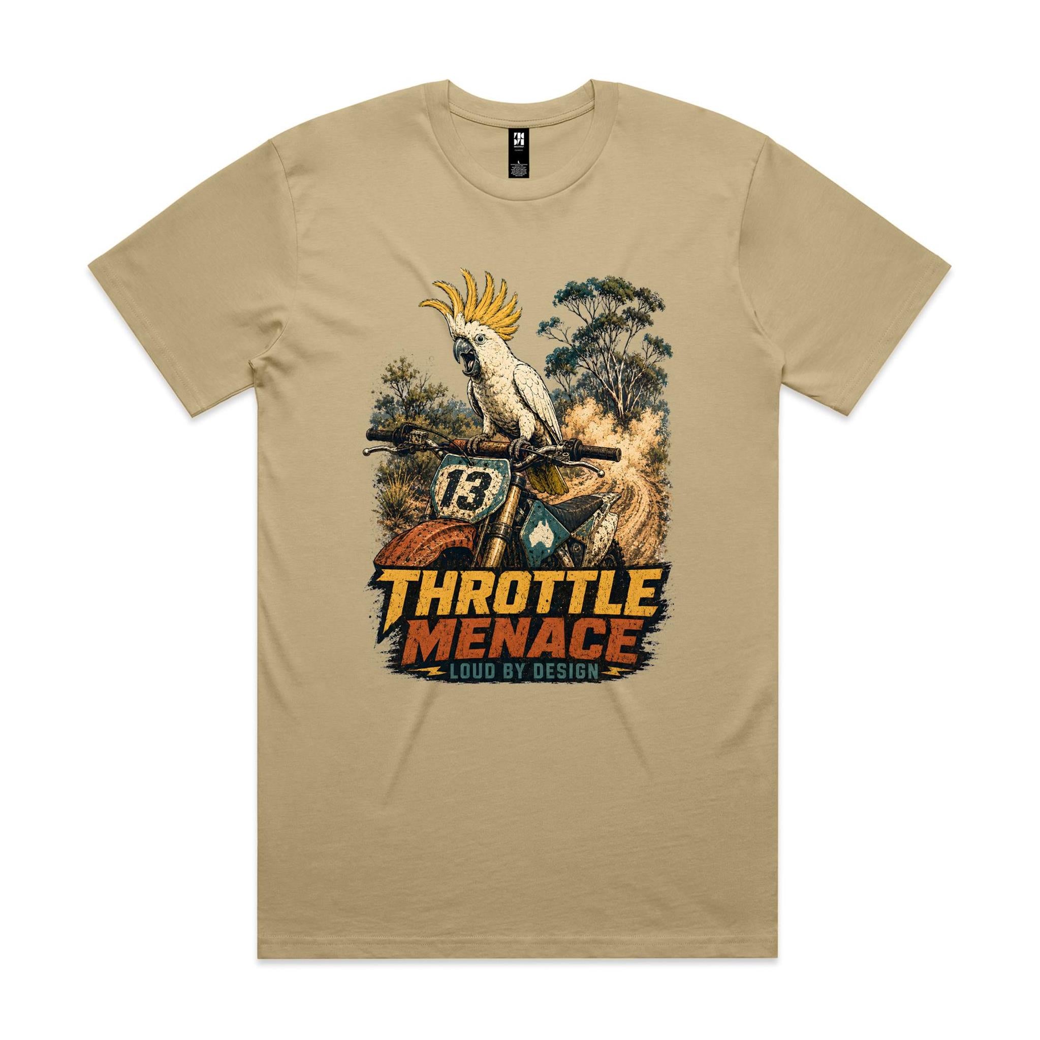 Throttle Menace, Loud by Design — Cockatoo Dirt Bike Tee