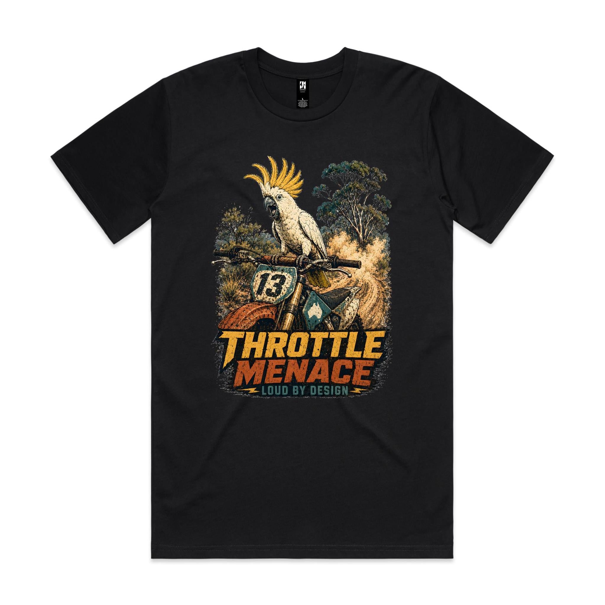 Throttle Menace, Loud by Design — Cockatoo Dirt Bike Tee