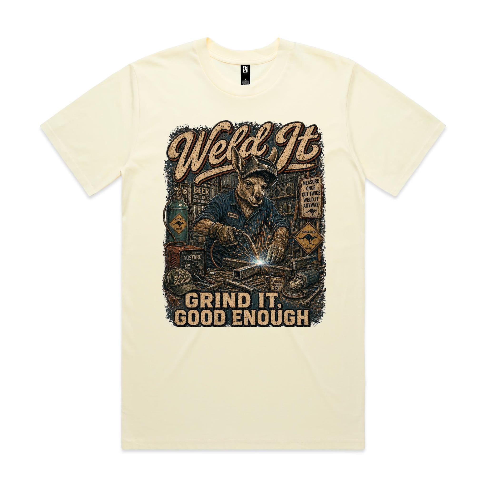 Weld It, Grind It — Good Enough | Kangaroo Welder Tee