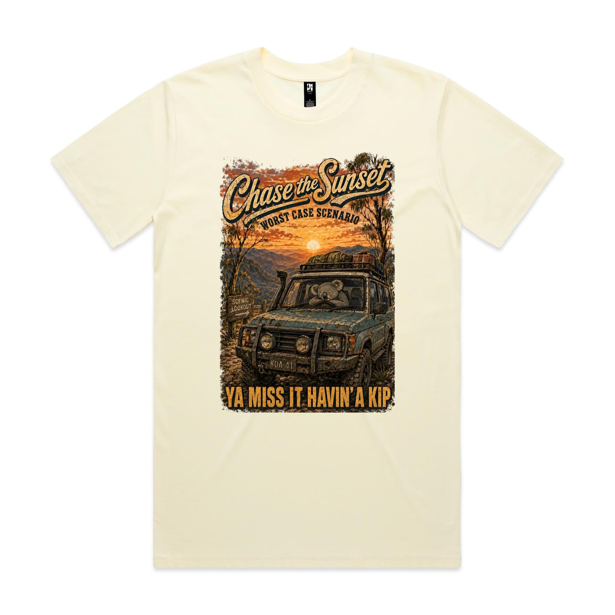 Chase the Sunset — Ya Miss It Havin' a Kip | Koala 4WD Tee