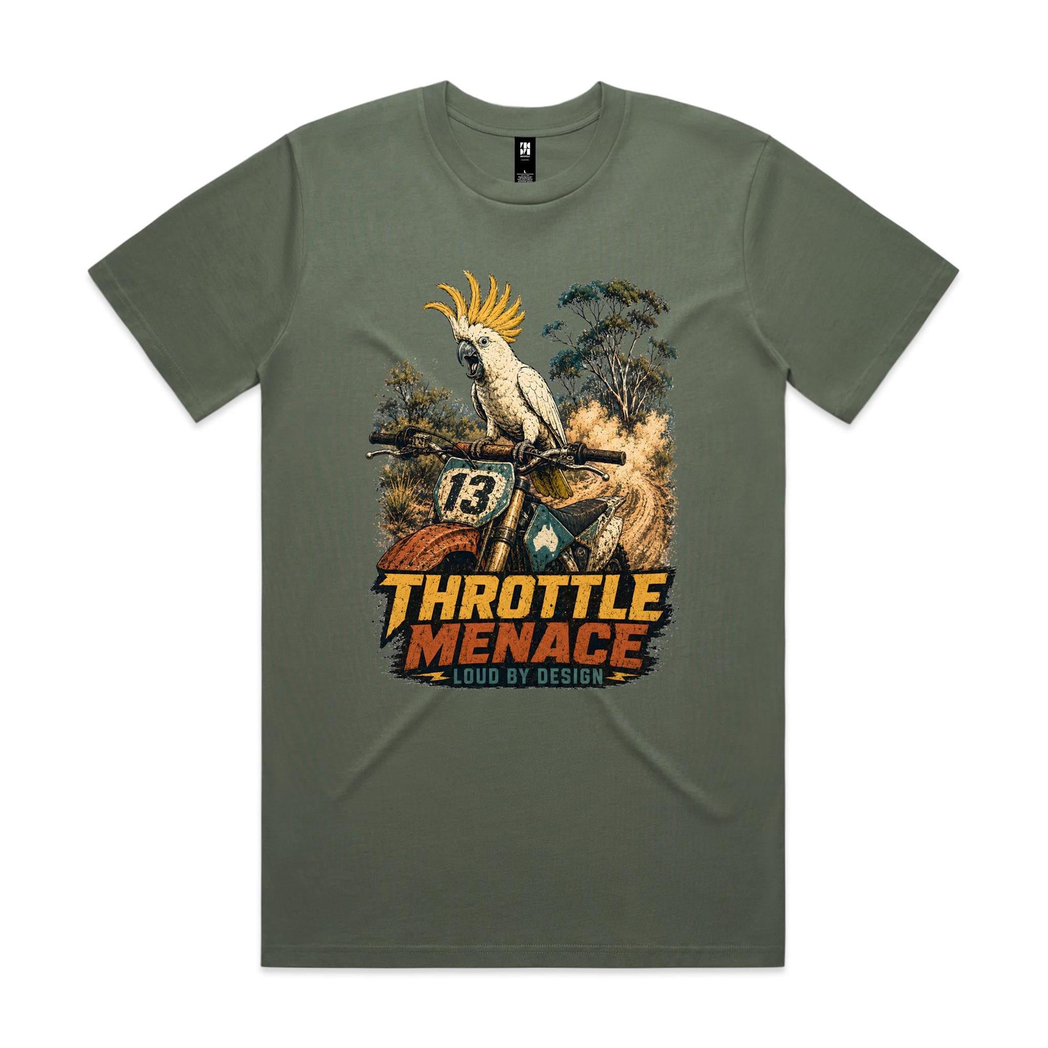 Throttle Menace, Loud by Design — Cockatoo Dirt Bike Tee