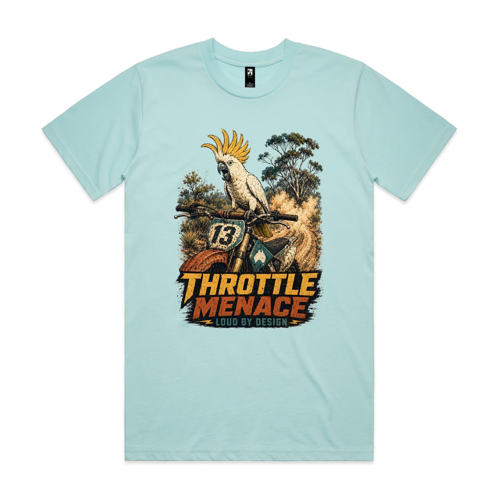 Throttle Menace, Loud by Design — Cockatoo Dirt Bike Tee