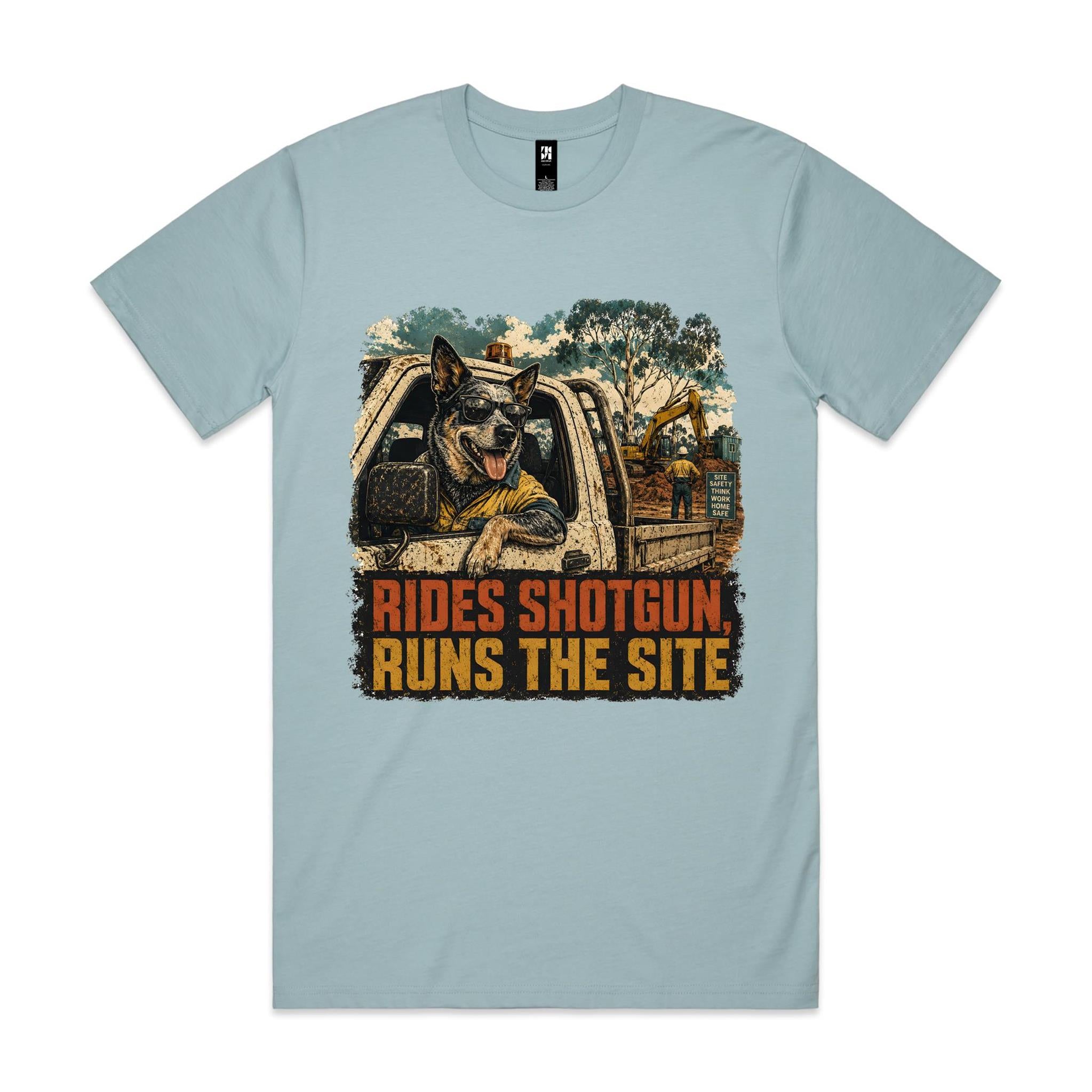Rides Shotgun, Runs the Site — Blue Heeler Tradie Tee