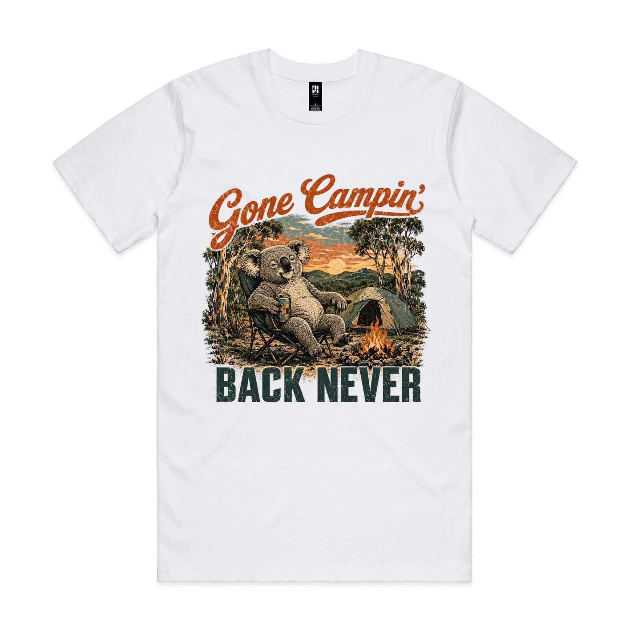 Gone Campin' Back Never — Koala Camping Tee