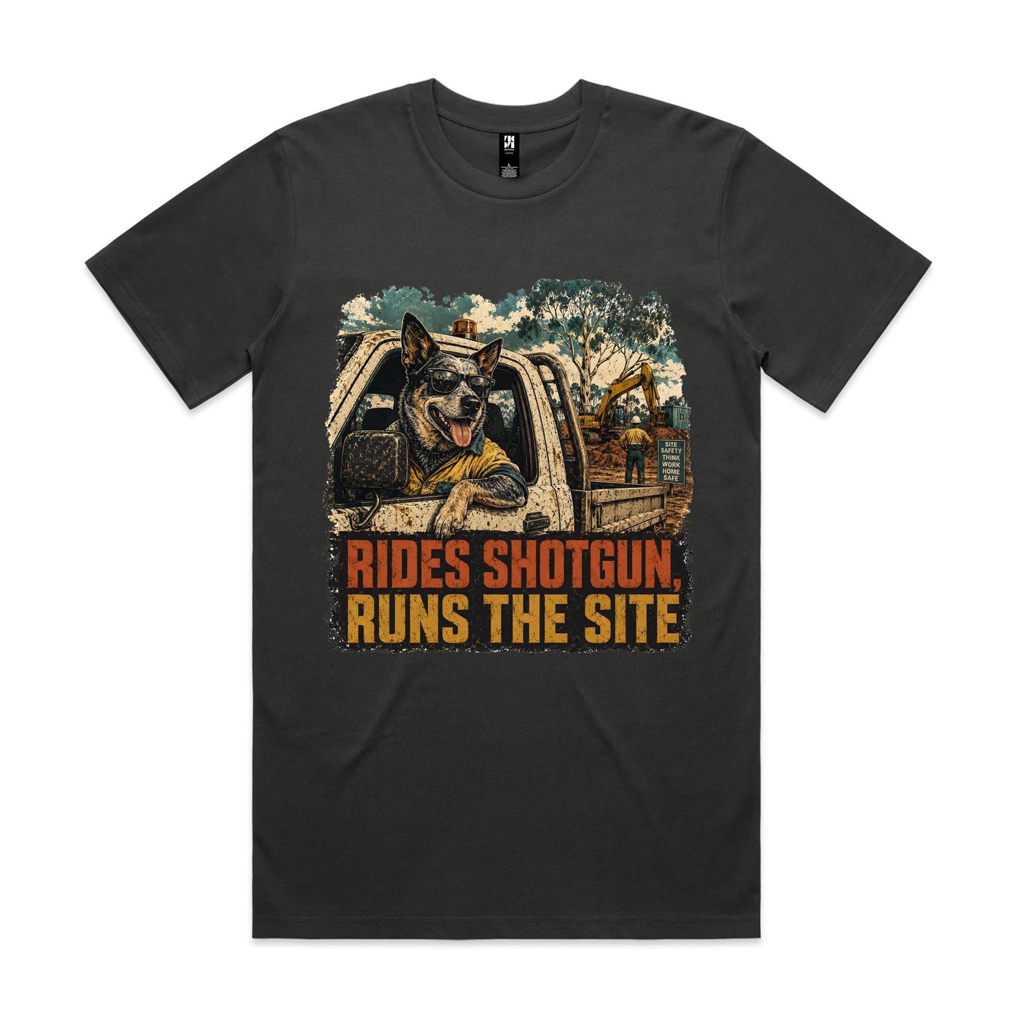 Rides Shotgun, Runs the Site — Blue Heeler Tradie Tee