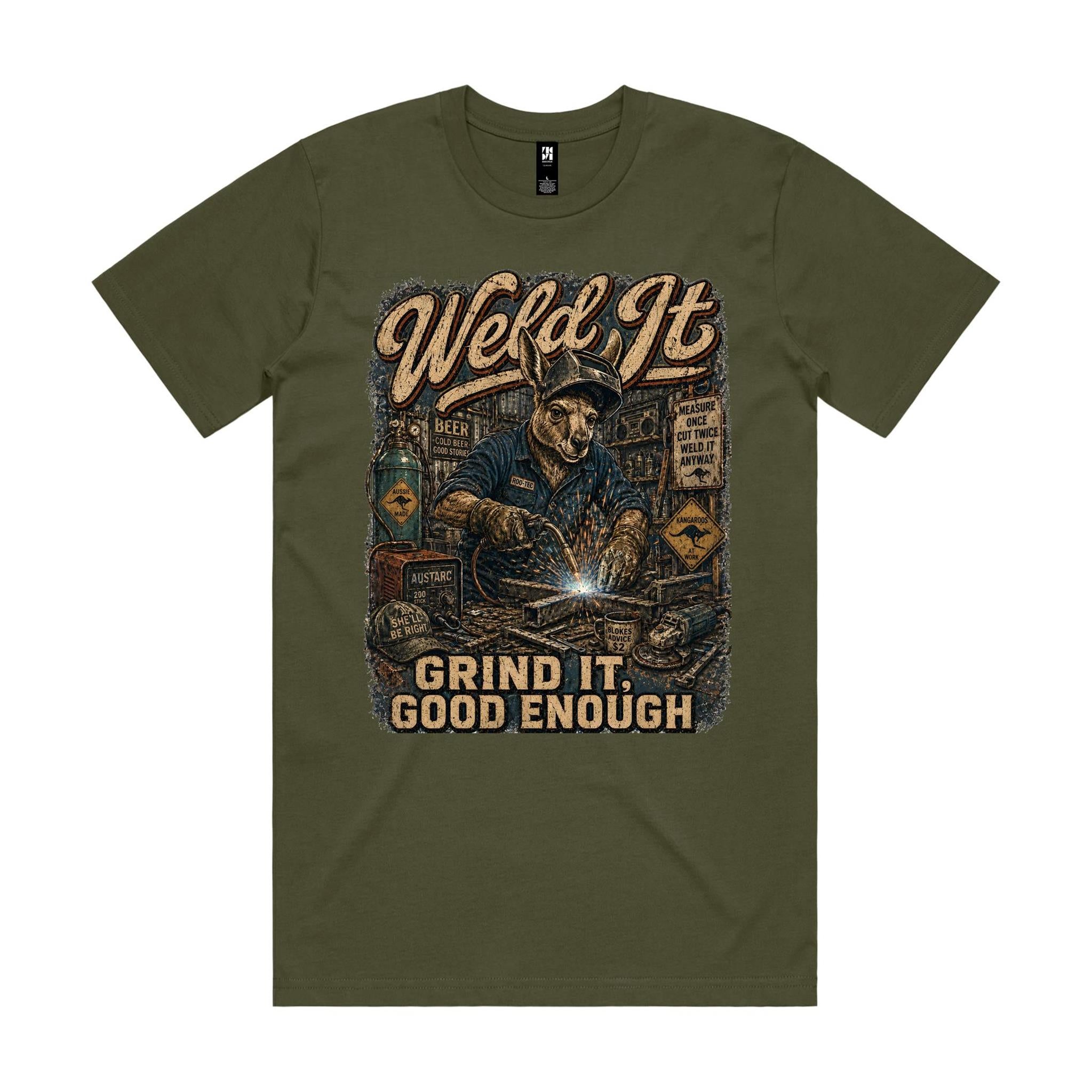 Weld It, Grind It — Good Enough | Kangaroo Welder Tee