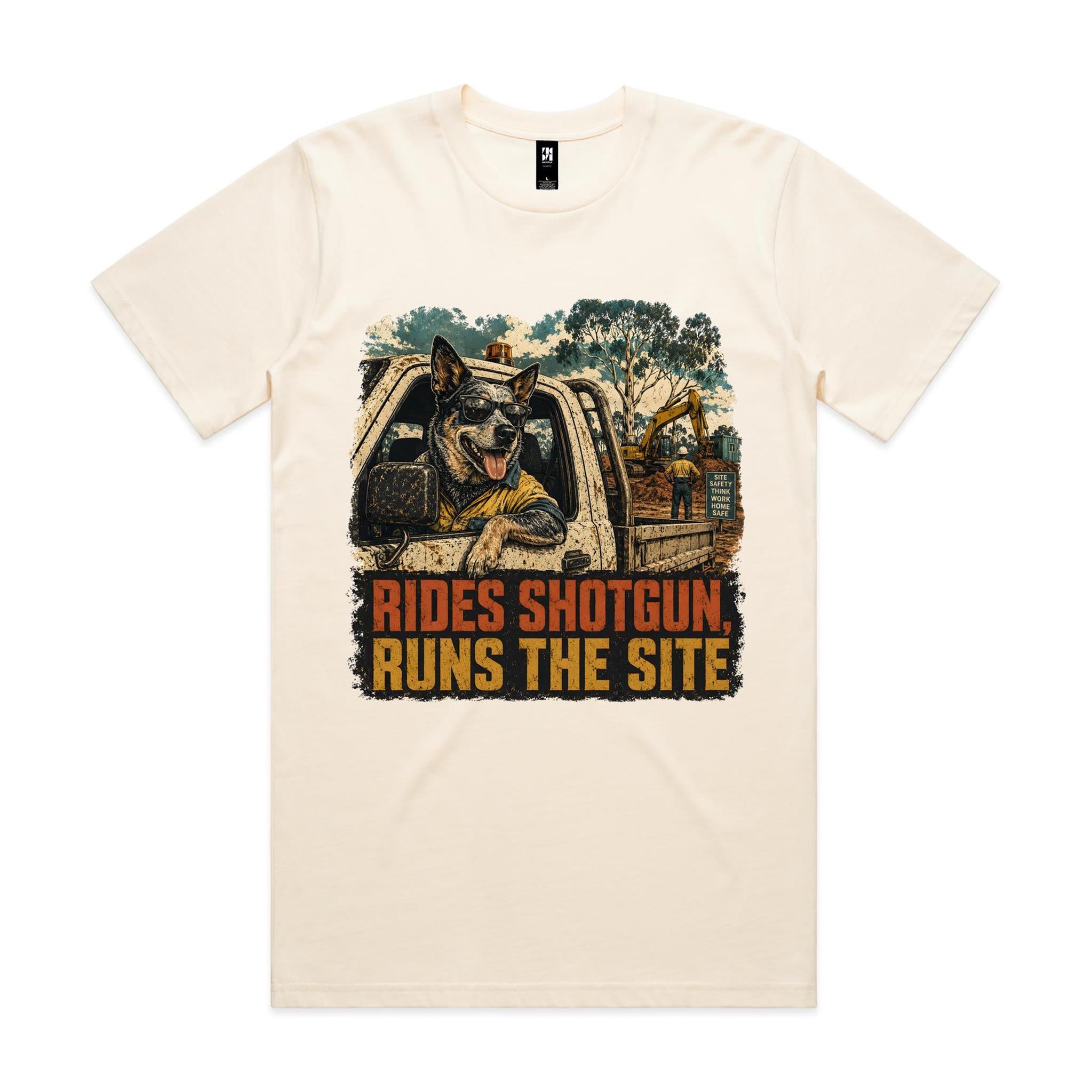 Rides Shotgun, Runs the Site — Blue Heeler Tradie Tee