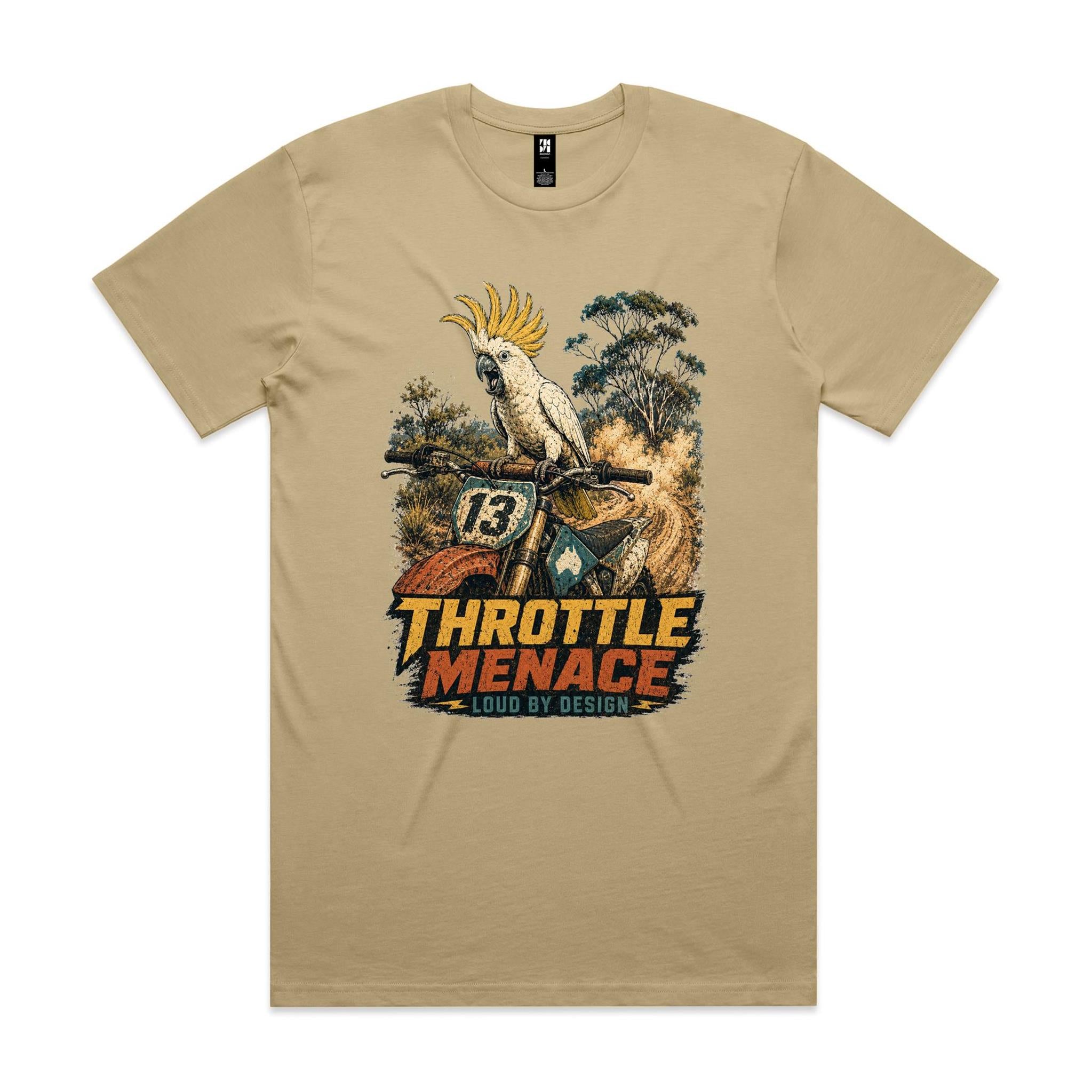 Throttle Menace, Loud by Design — Cockatoo Dirt Bike Tee