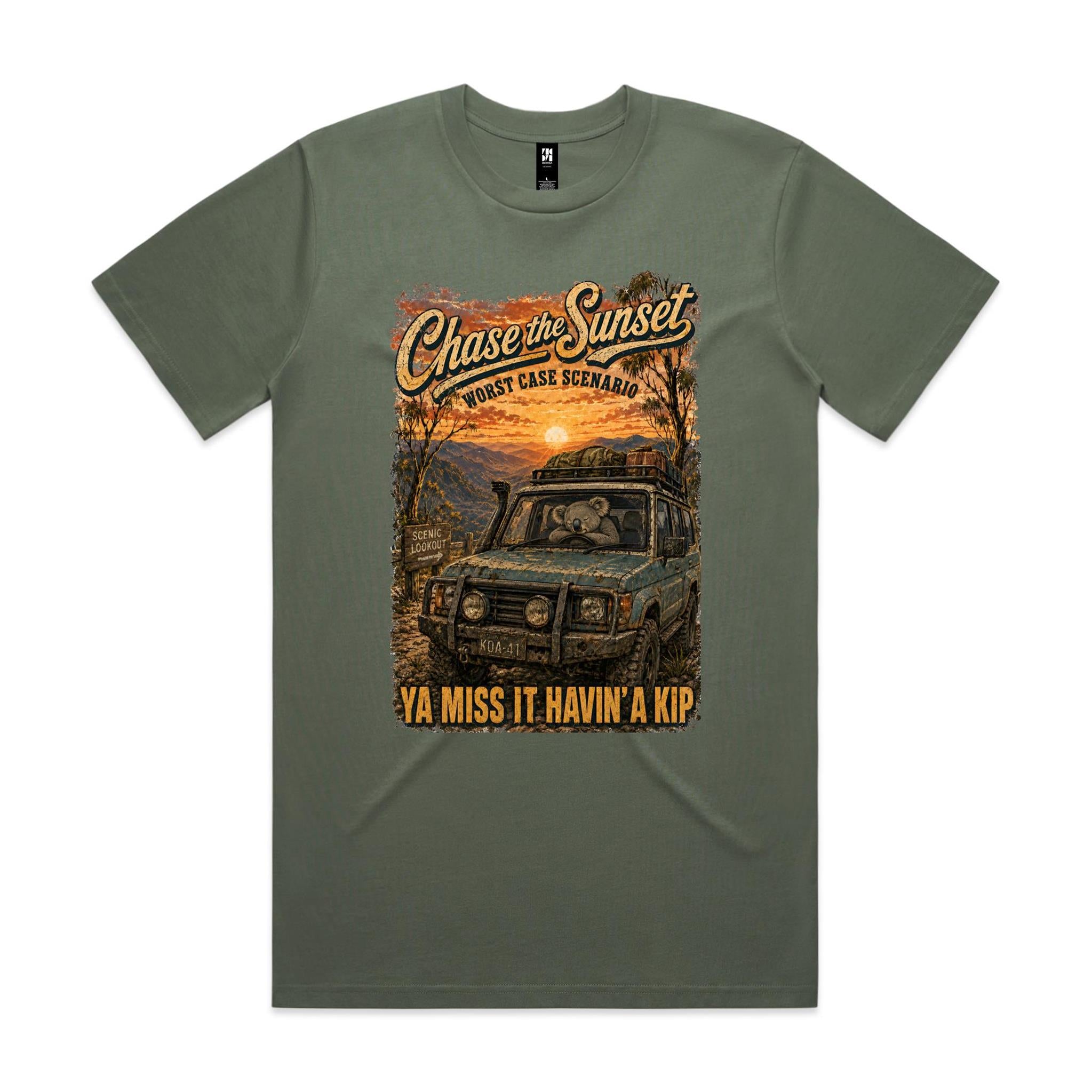 Chase the Sunset — Ya Miss It Havin' a Kip | Koala 4WD Tee