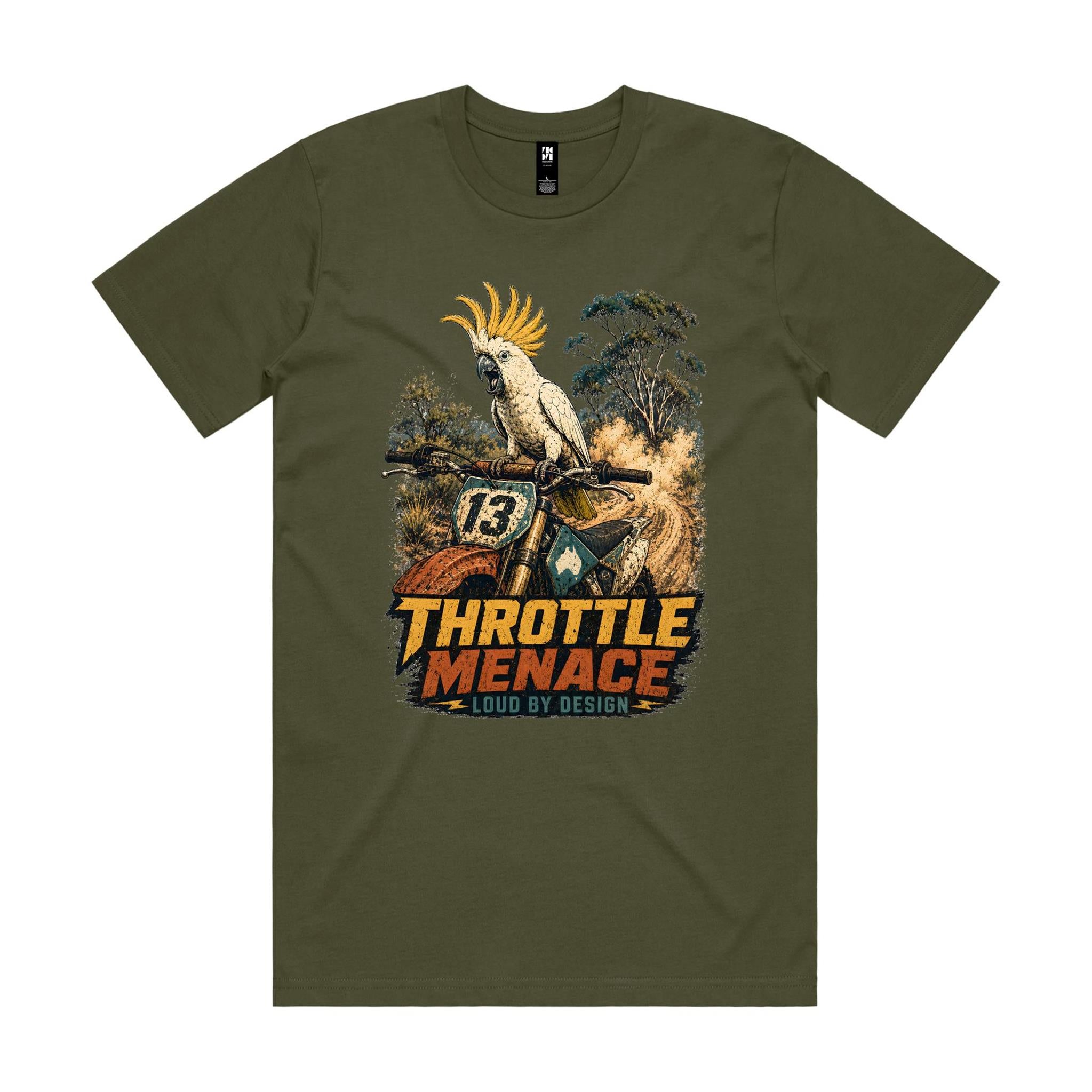 Throttle Menace, Loud by Design — Cockatoo Dirt Bike Tee