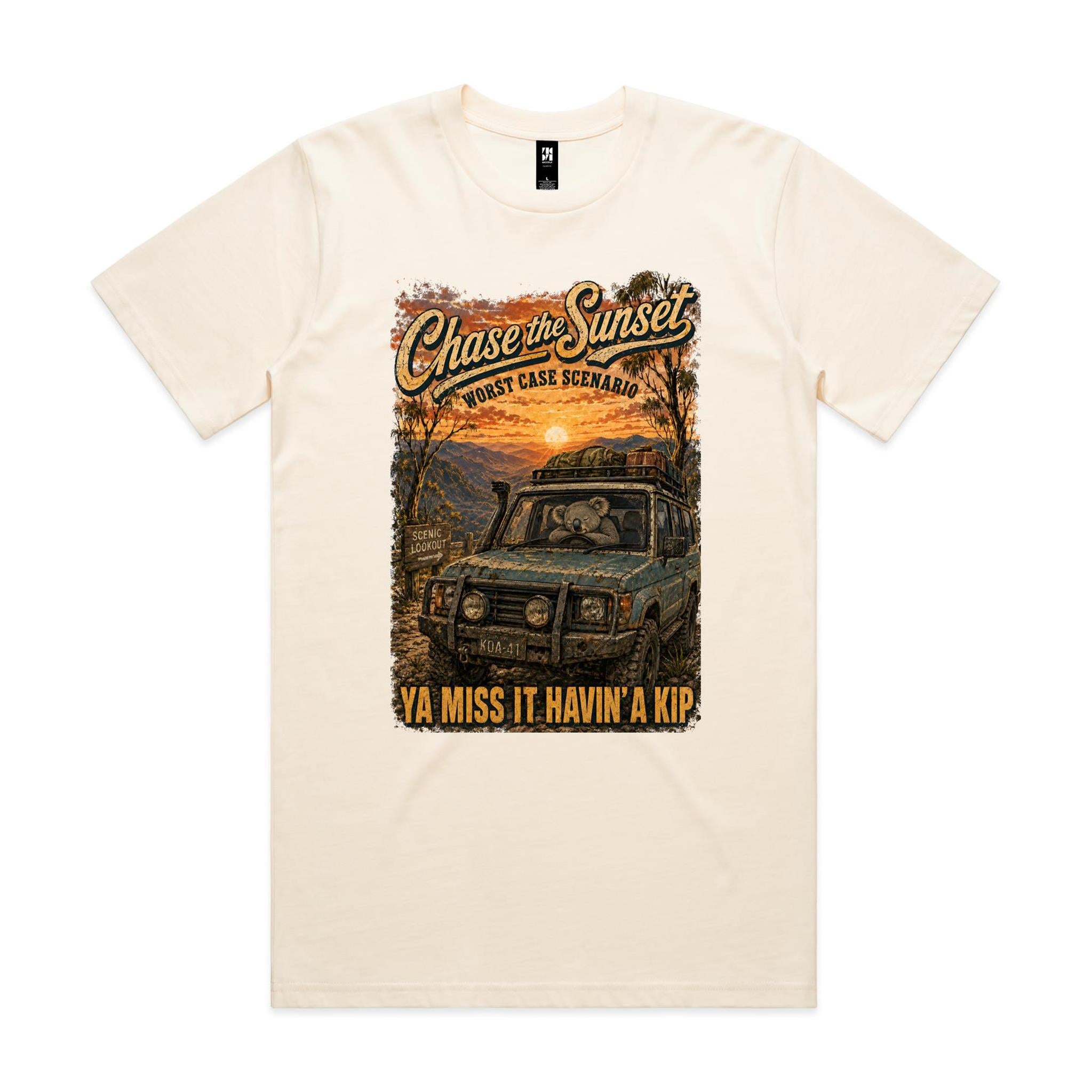 Chase the Sunset — Ya Miss It Havin' a Kip | Koala 4WD Tee