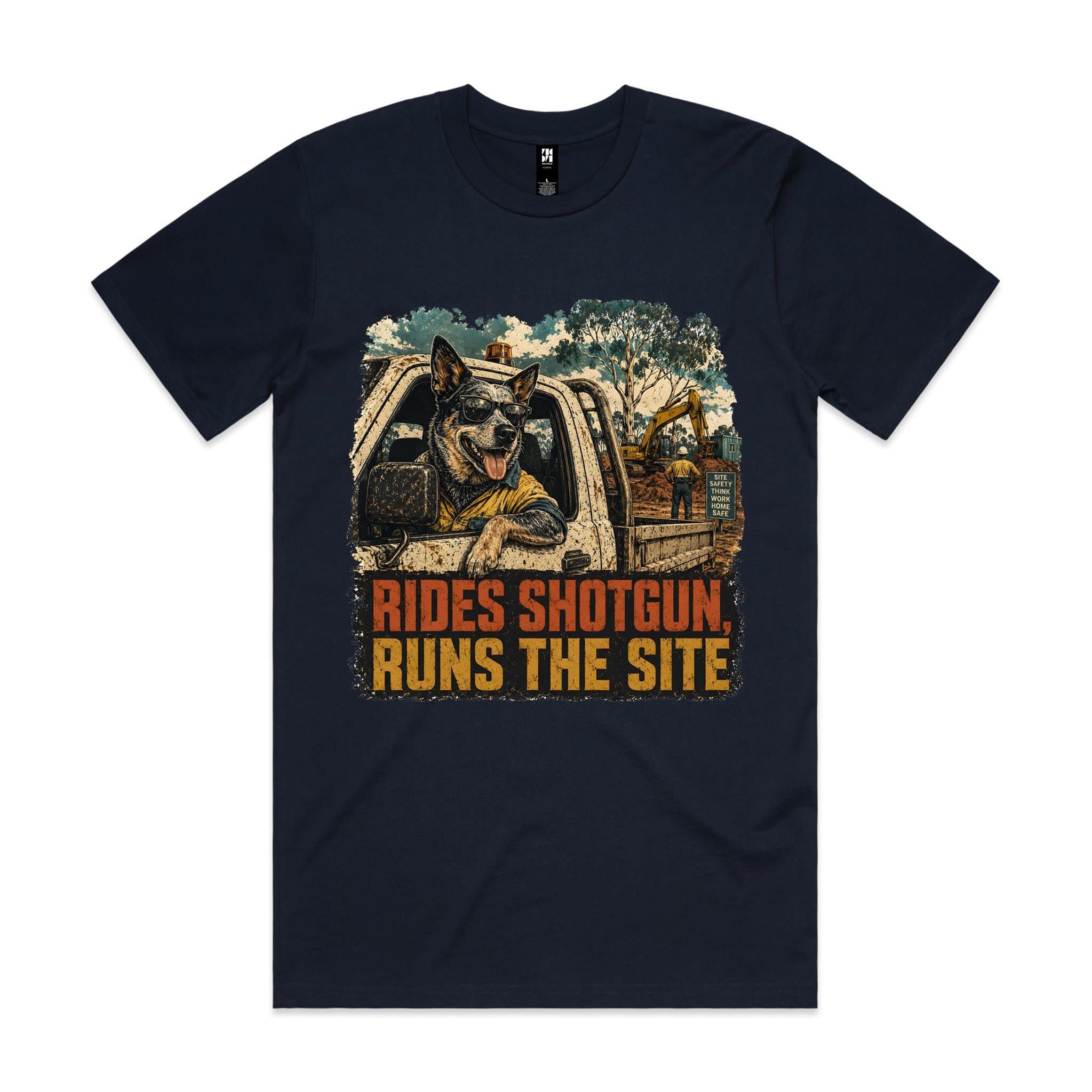 Rides Shotgun, Runs the Site — Blue Heeler Tradie Tee