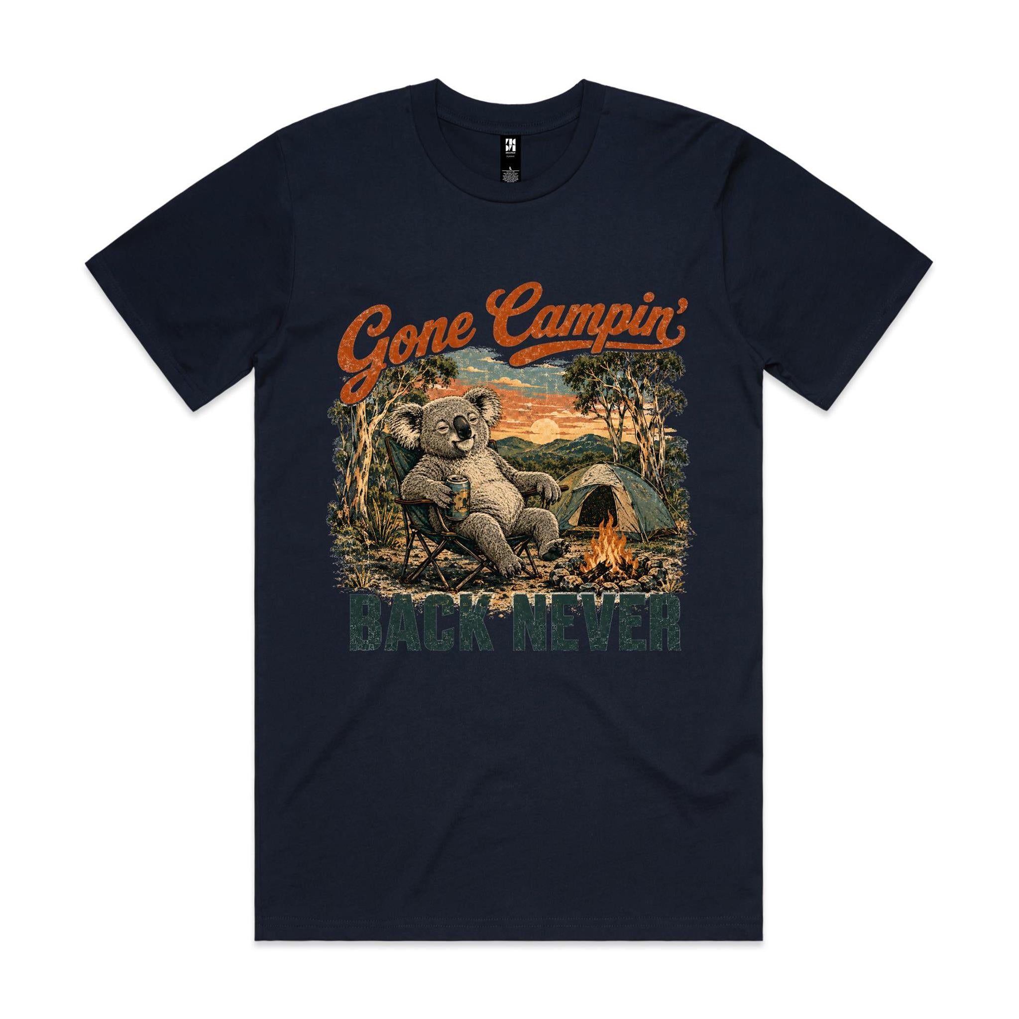 Gone Campin' Back Never — Koala Camping Tee