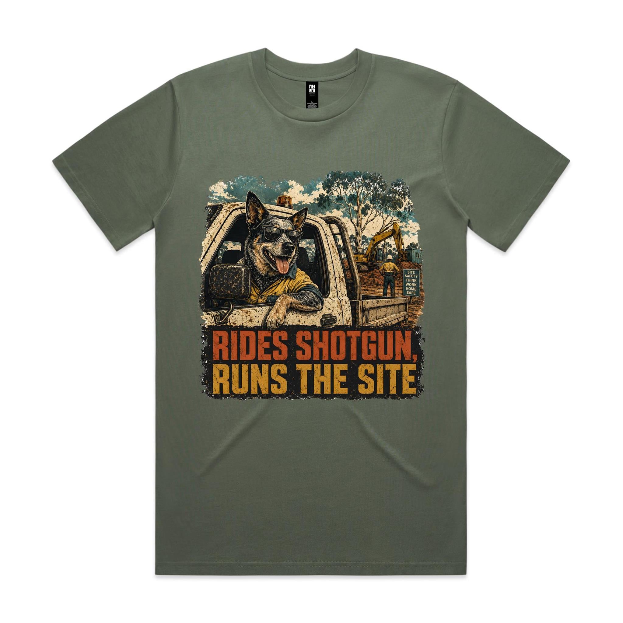 Rides Shotgun, Runs the Site — Blue Heeler Tradie Tee