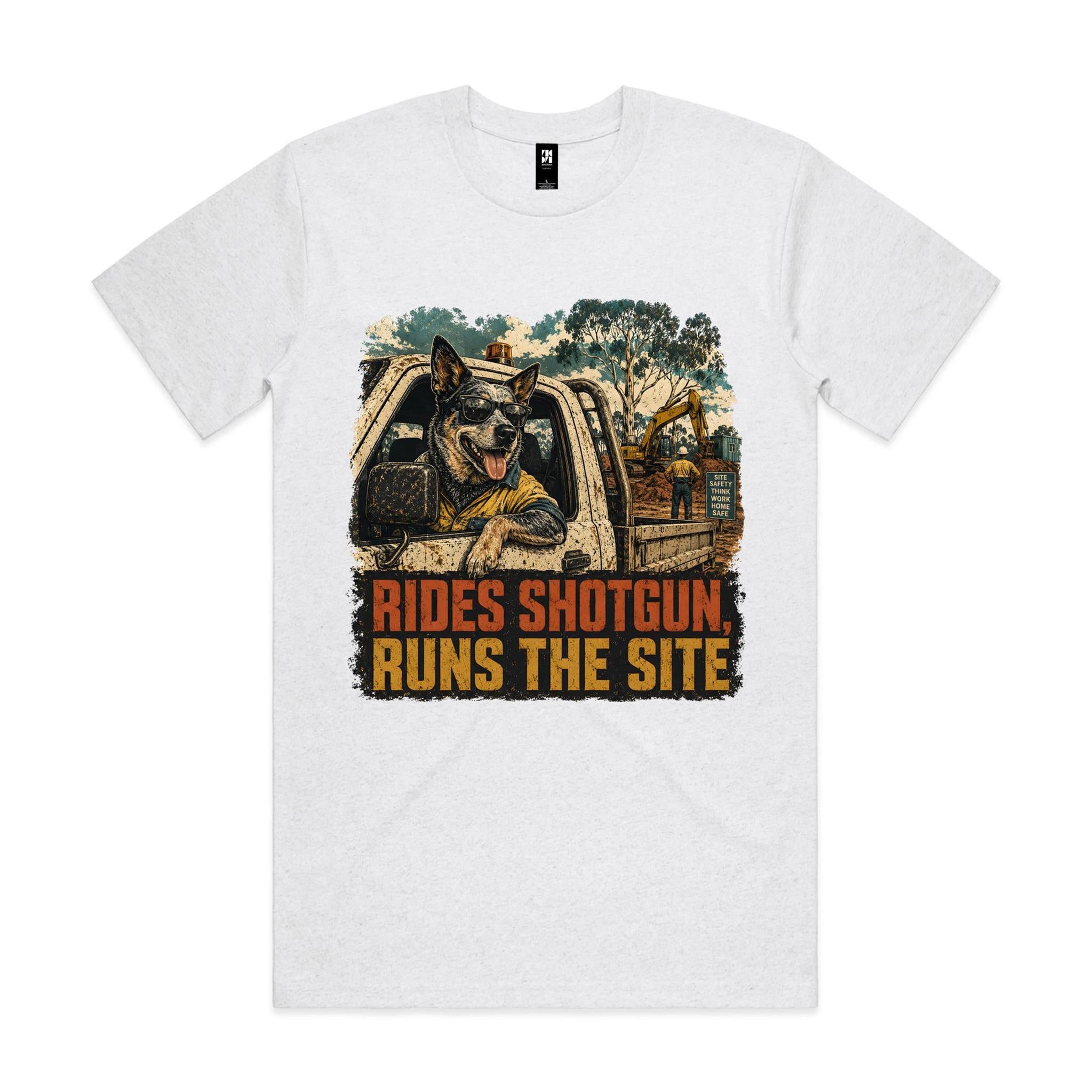 Rides Shotgun, Runs the Site — Blue Heeler Tradie Tee