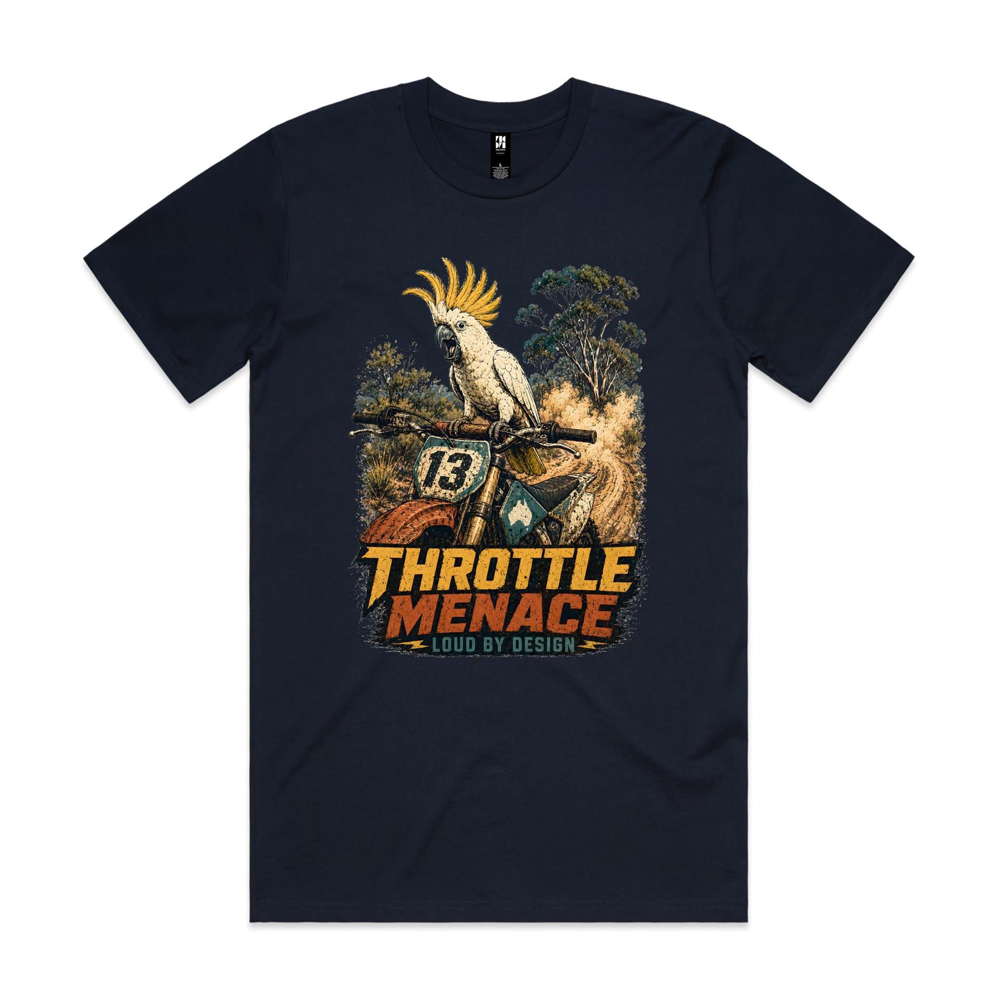 Throttle Menace, Loud by Design — Cockatoo Dirt Bike Tee