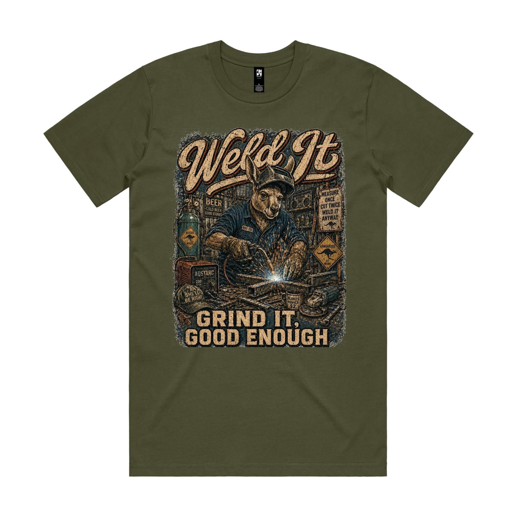 Weld It, Grind It — Good Enough | Kangaroo Welder Tee