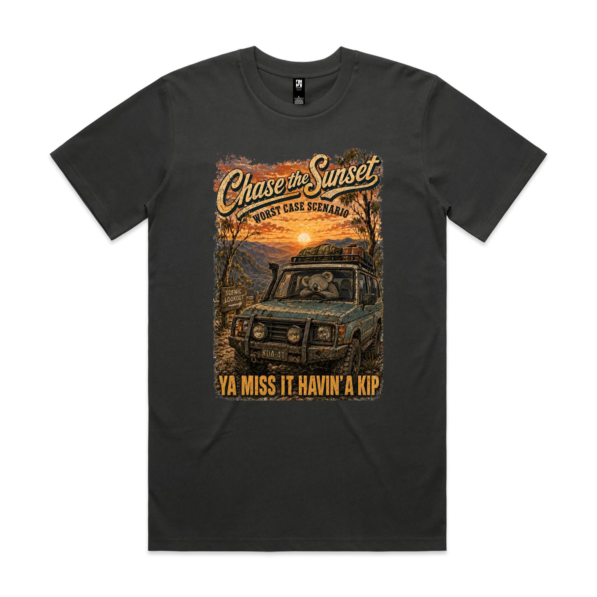 Chase the Sunset — Ya Miss It Havin' a Kip | Koala 4WD Tee