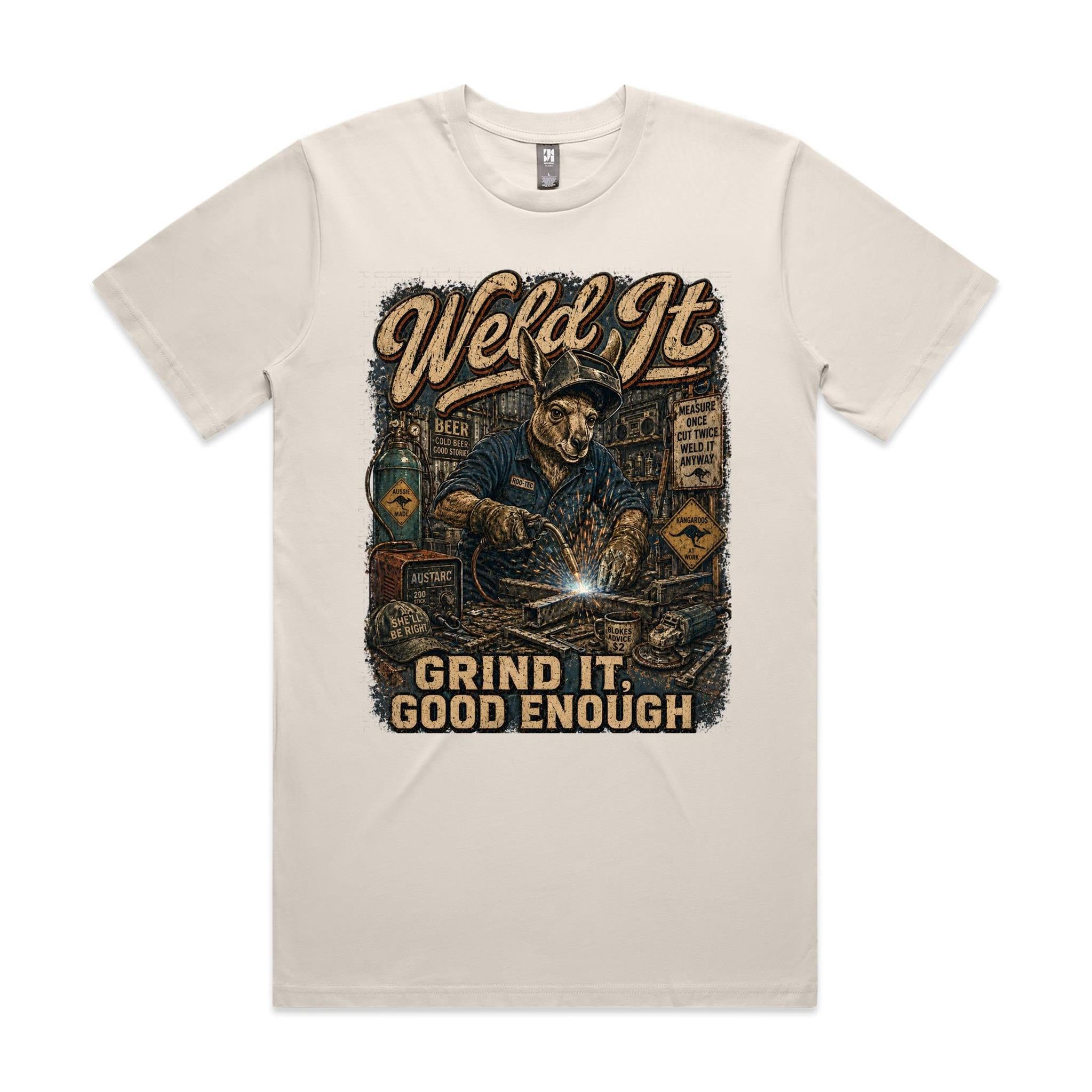 Weld It, Grind It — Good Enough | Kangaroo Welder Tee