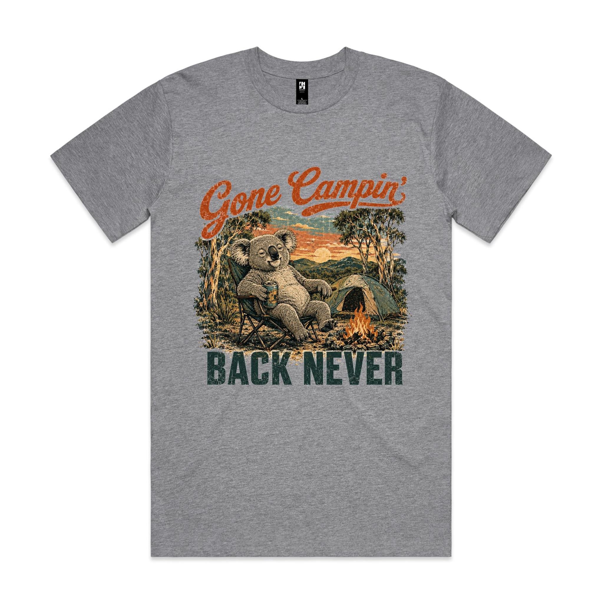 Gone Campin' Back Never — Koala Camping Tee