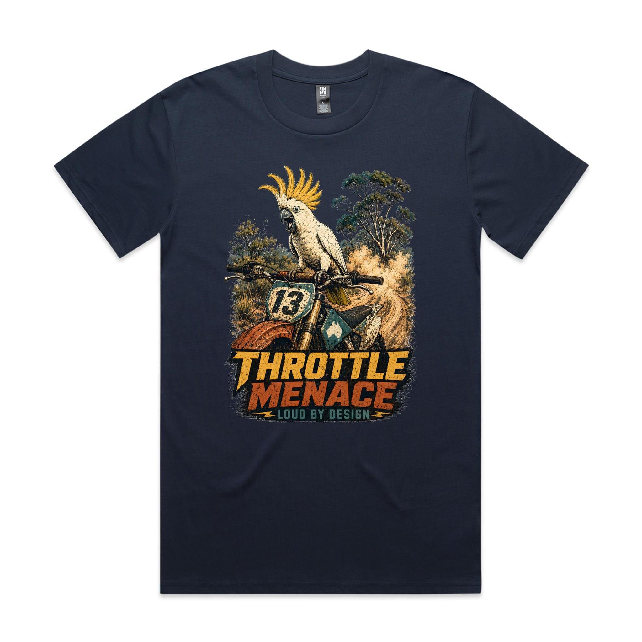 Throttle Menace, Loud by Design — Cockatoo Dirt Bike Tee
