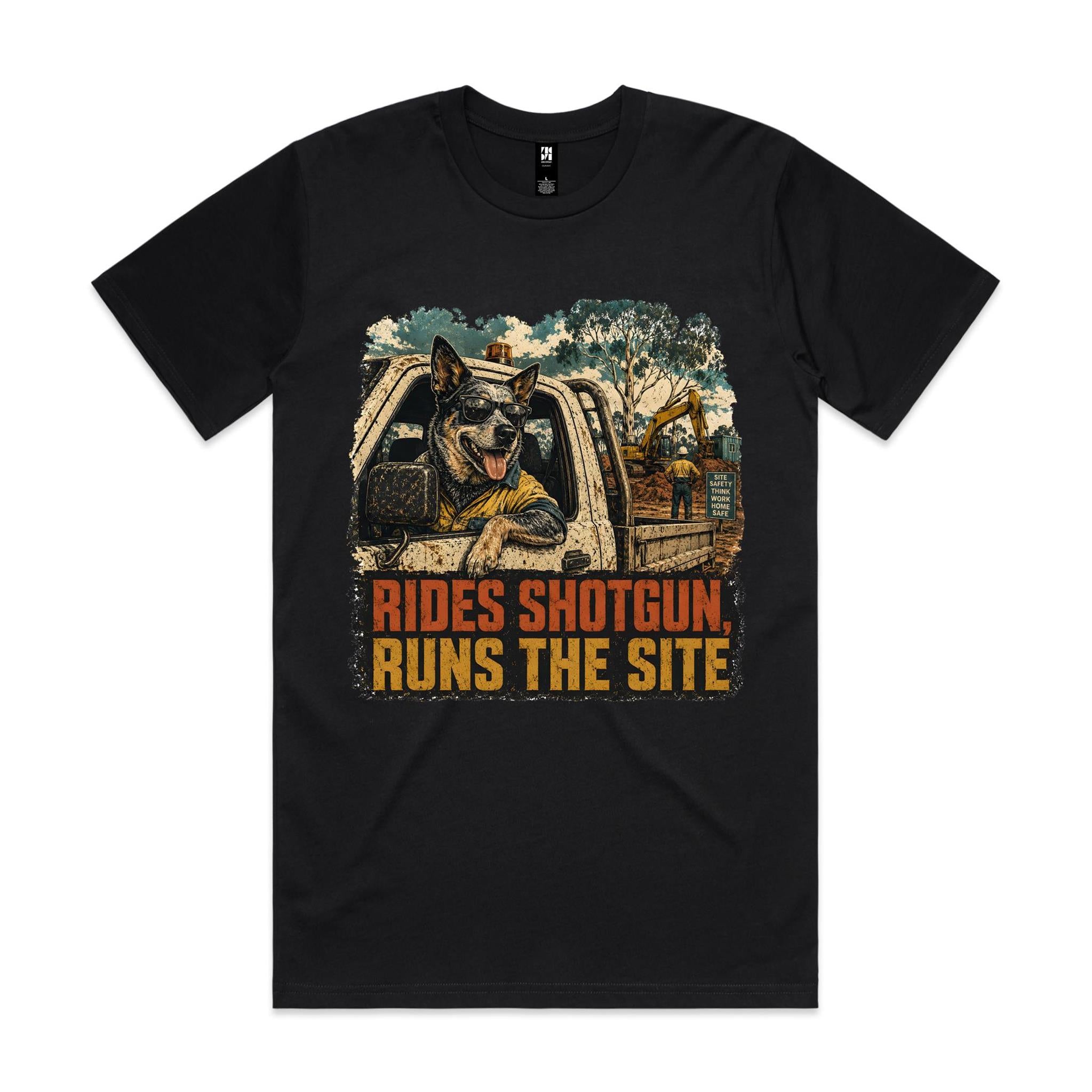 Rides Shotgun, Runs the Site — Blue Heeler Tradie Tee