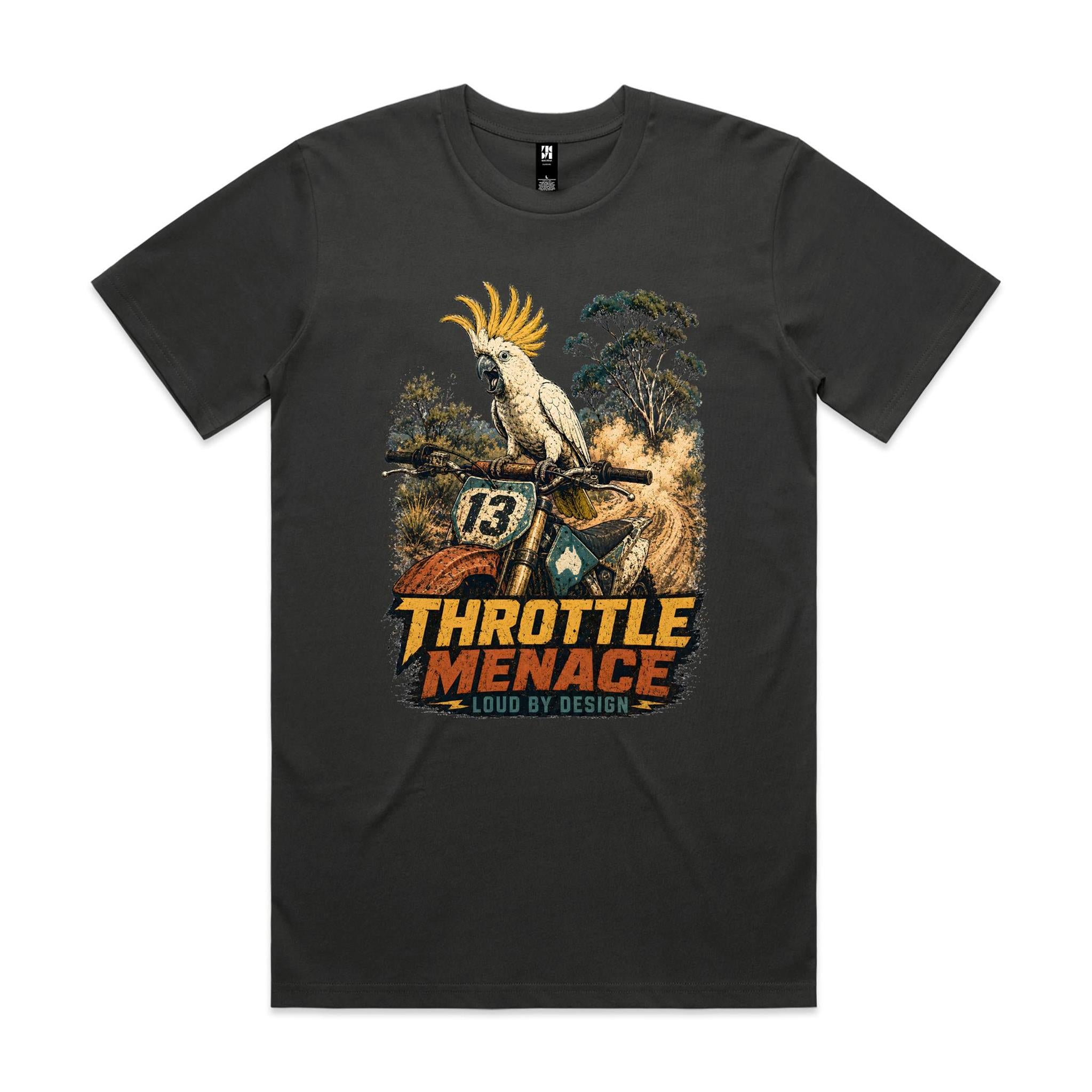 Throttle Menace, Loud by Design — Cockatoo Dirt Bike Tee