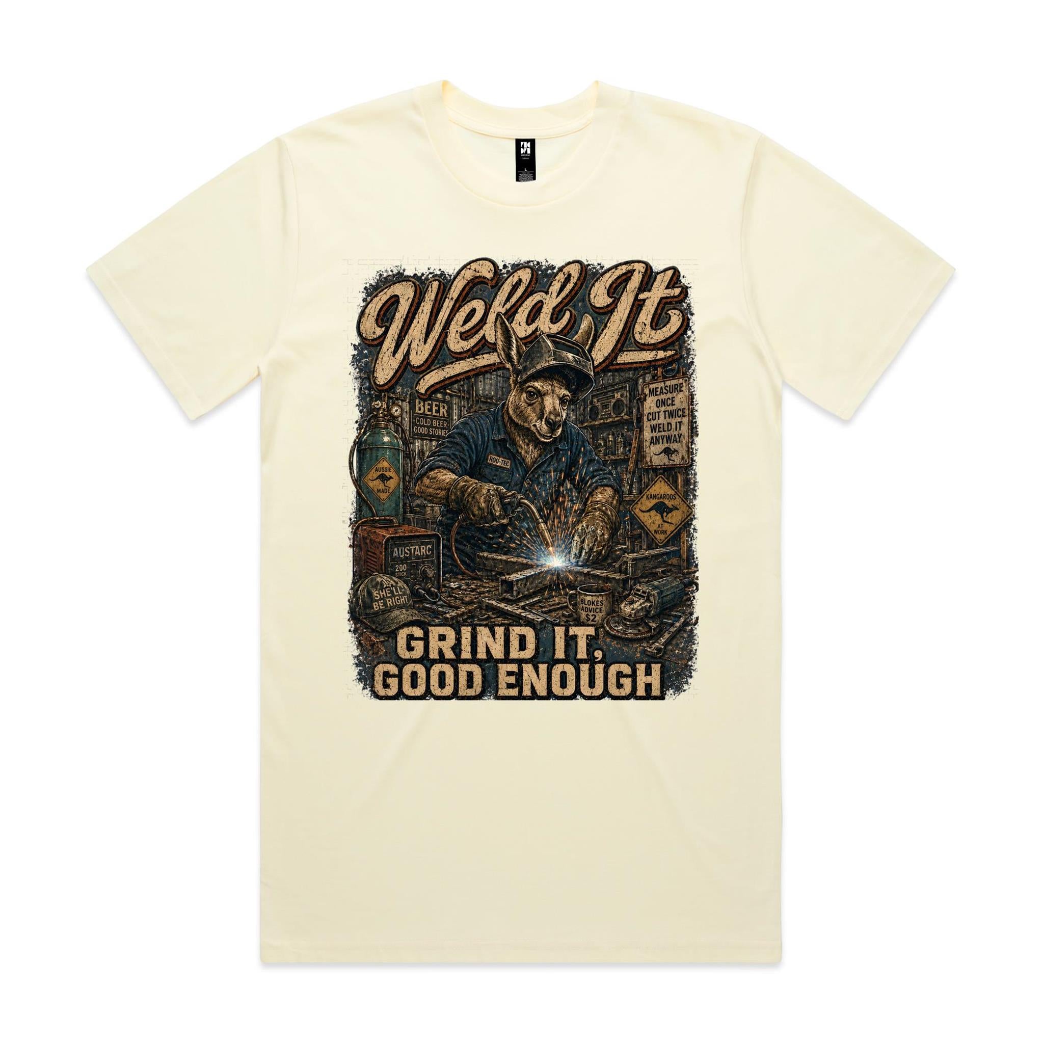 Weld It, Grind It — Good Enough | Kangaroo Welder Tee