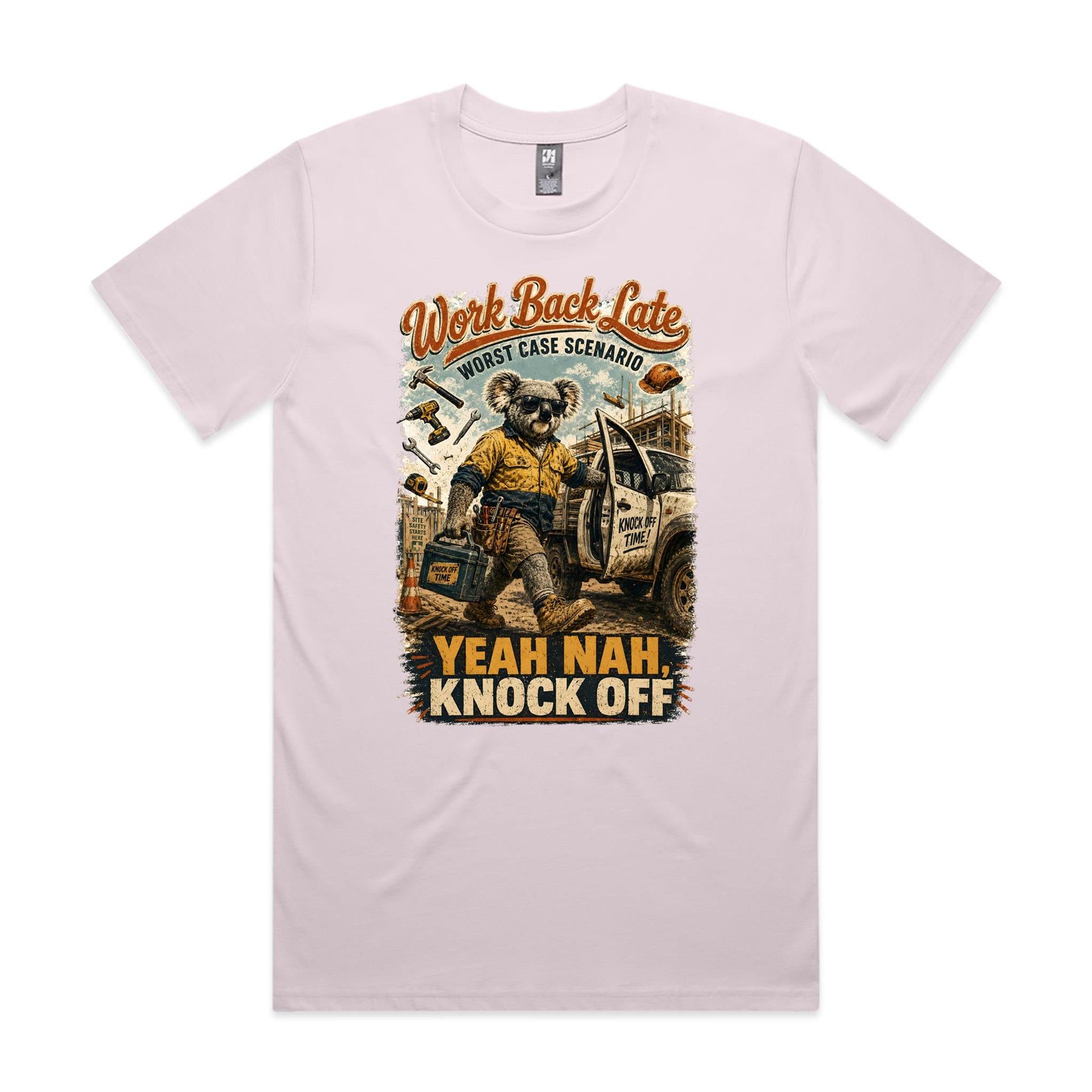 Work Back Late — Yeah Nah, Knock Off | Koala Tradie Tee