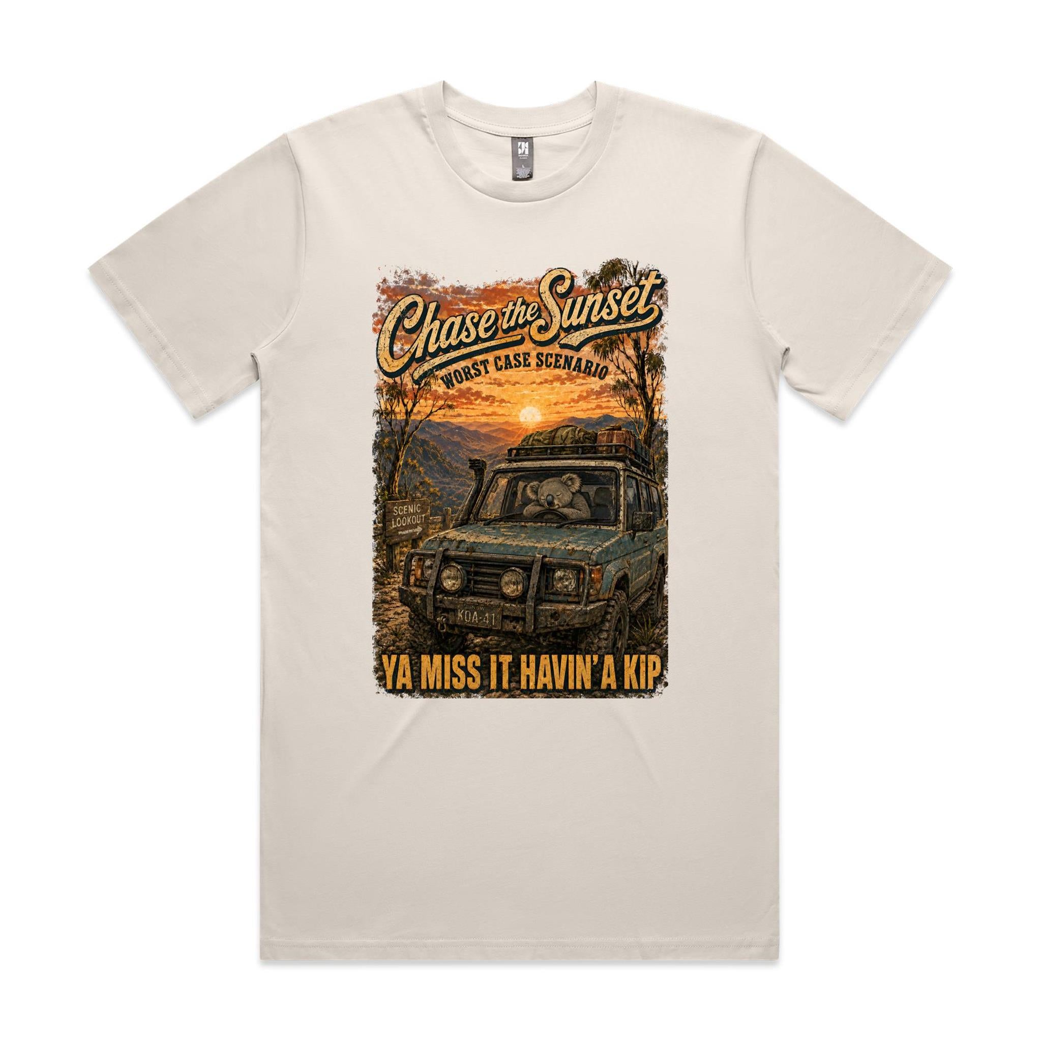Chase the Sunset — Ya Miss It Havin' a Kip | Koala 4WD Tee