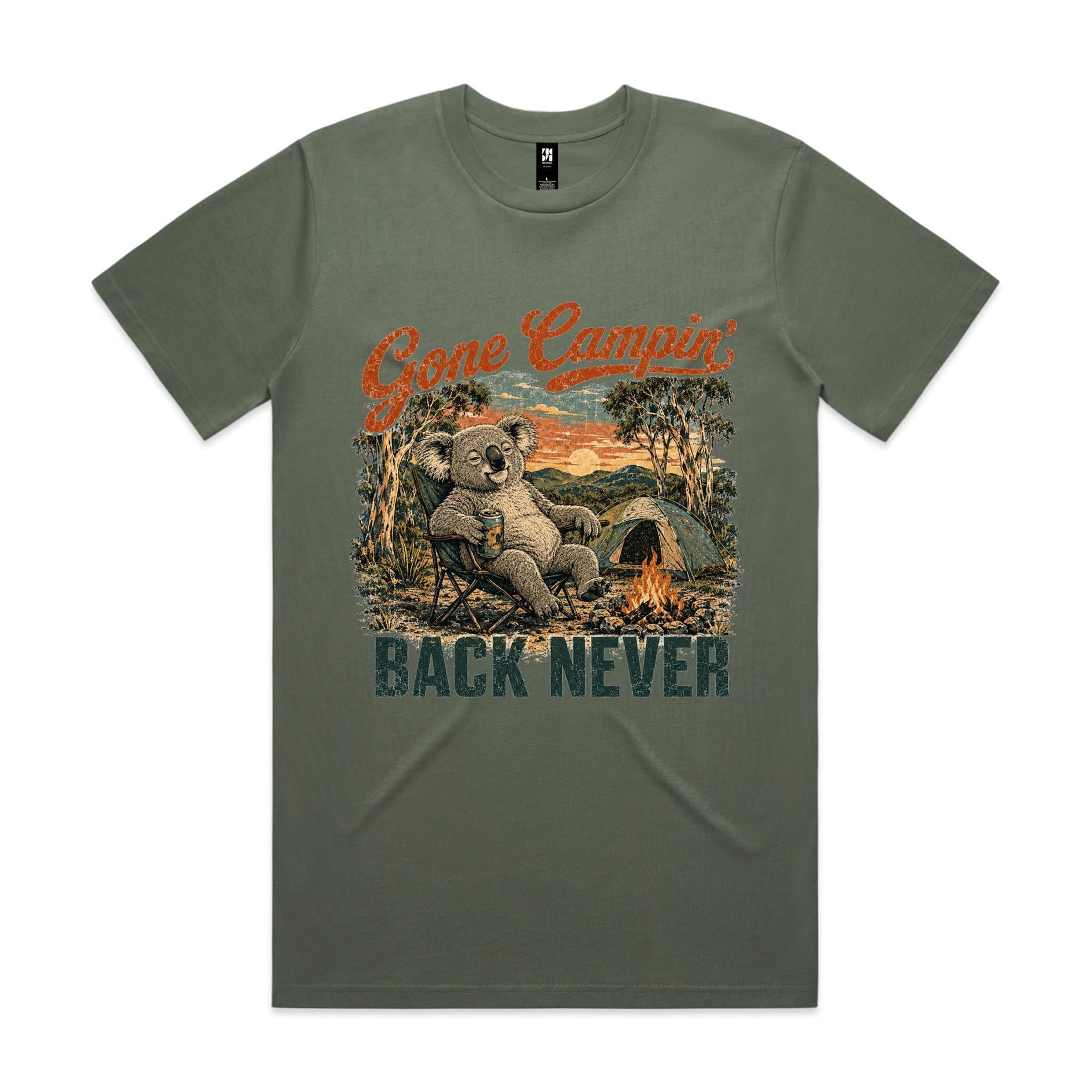 Gone Campin' Back Never — Koala Camping Tee