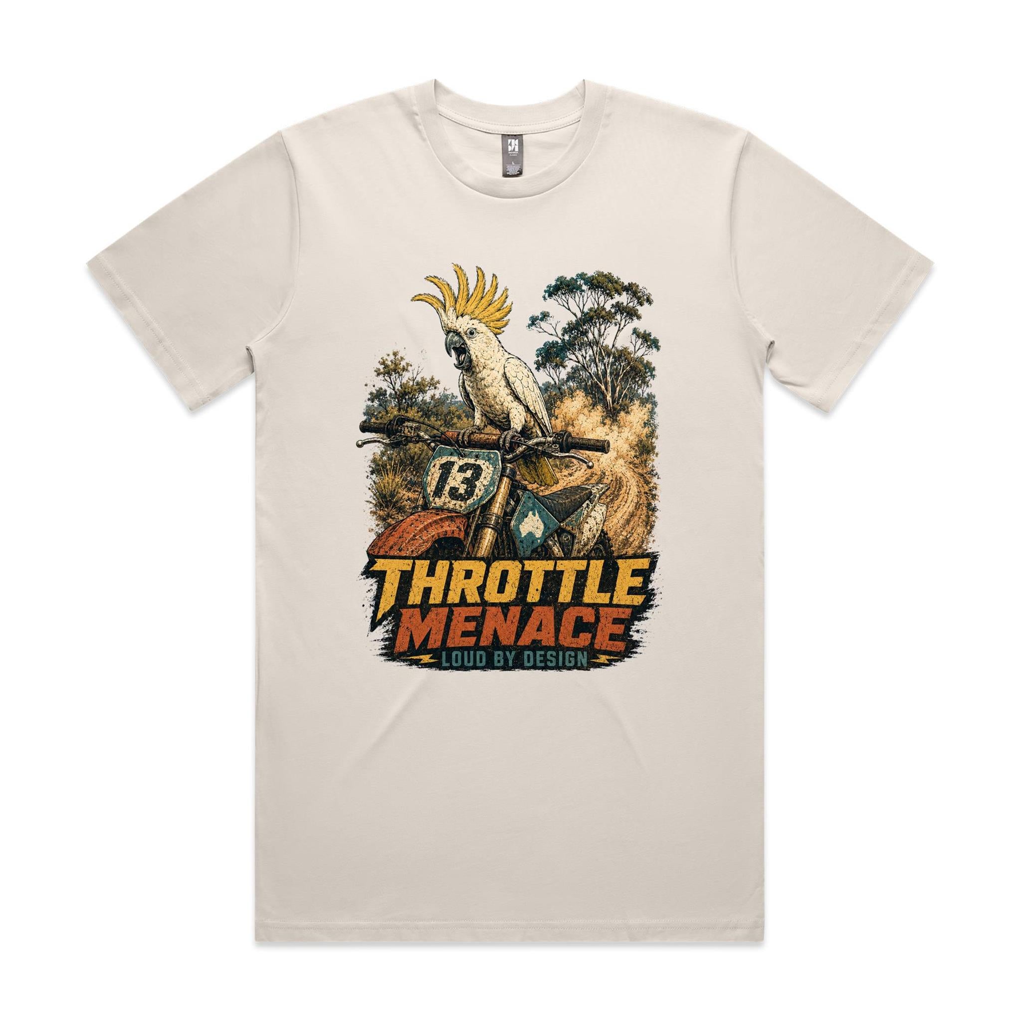 Throttle Menace, Loud by Design — Cockatoo Dirt Bike Tee