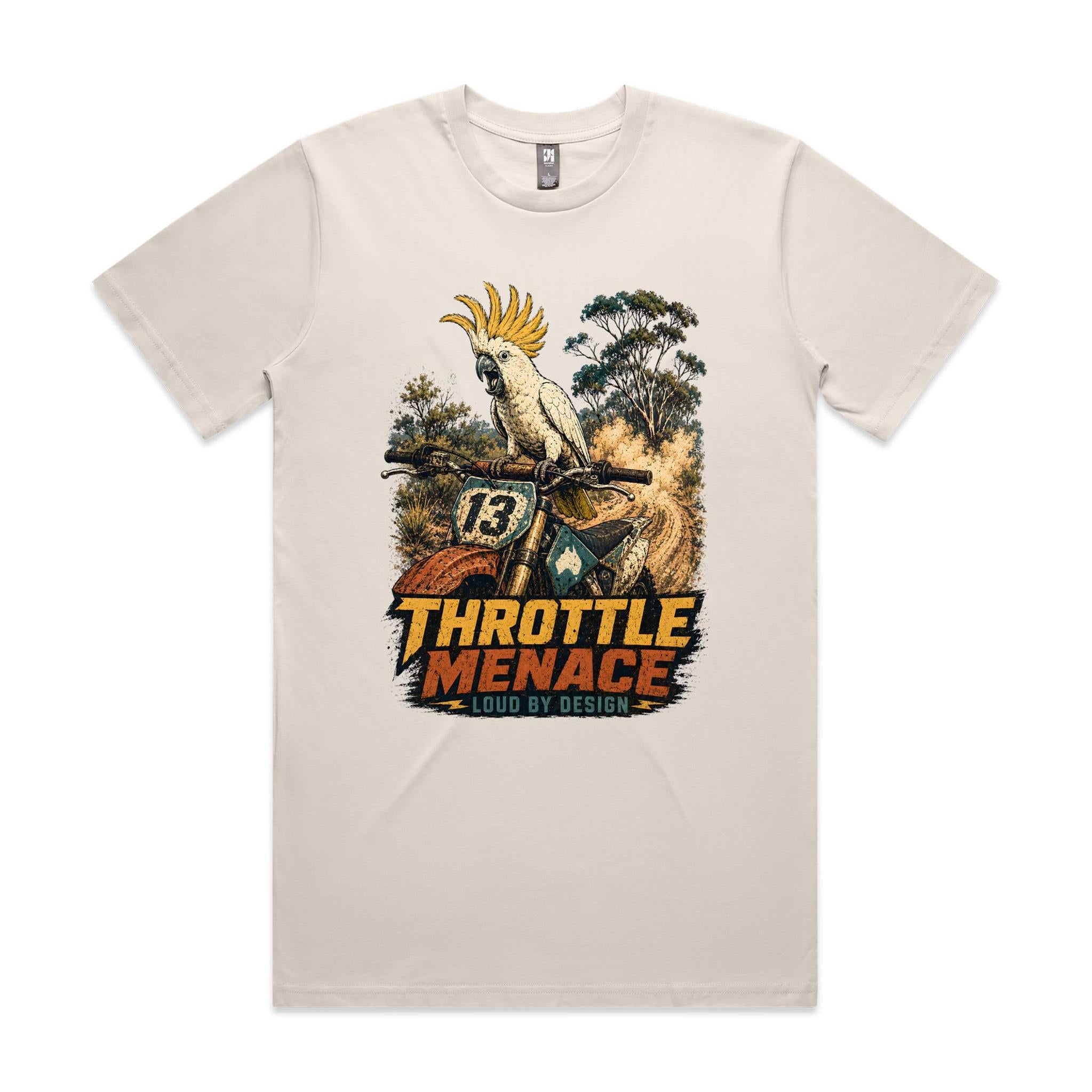 Throttle Menace, Loud by Design — Cockatoo Dirt Bike Tee