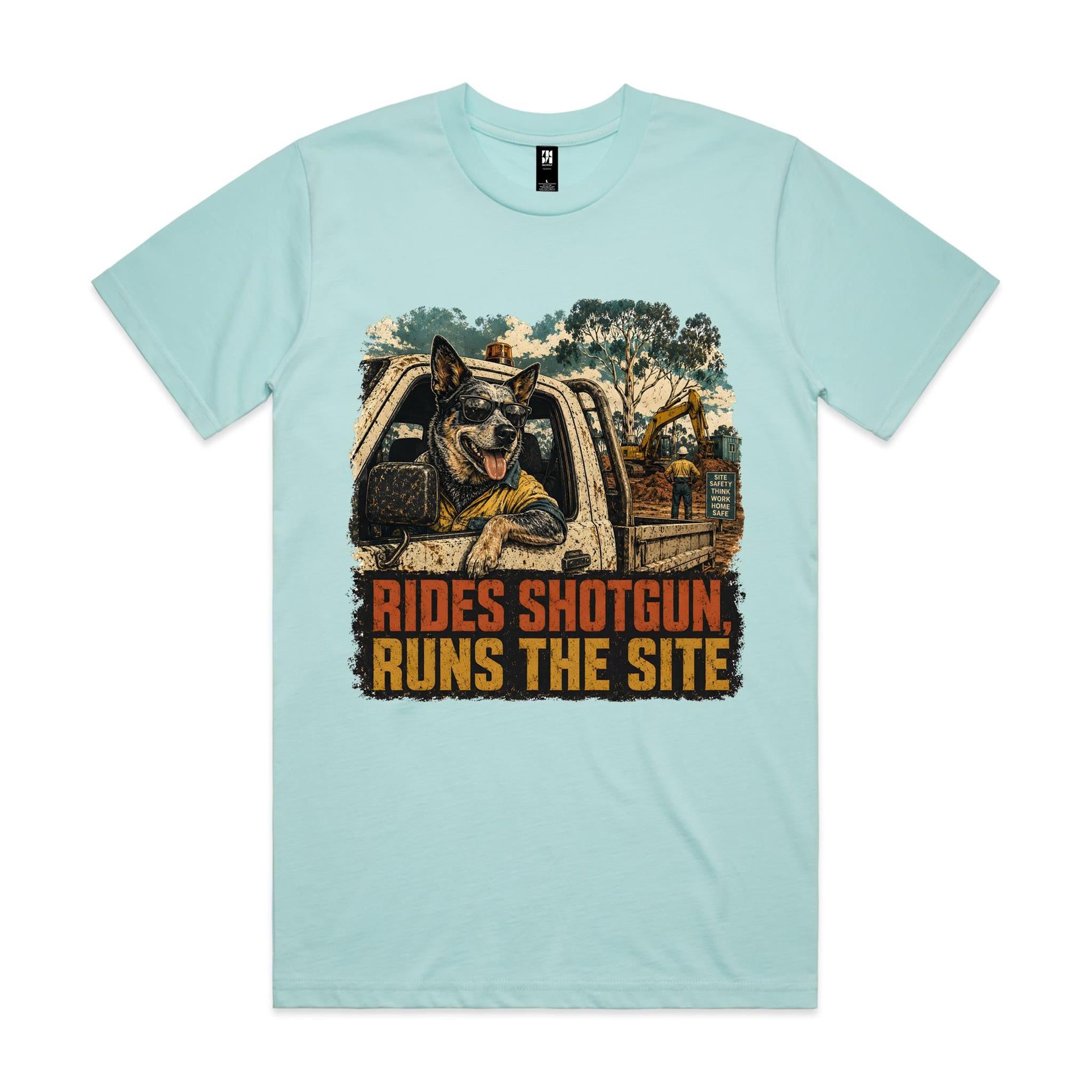 Rides Shotgun, Runs the Site — Blue Heeler Tradie Tee