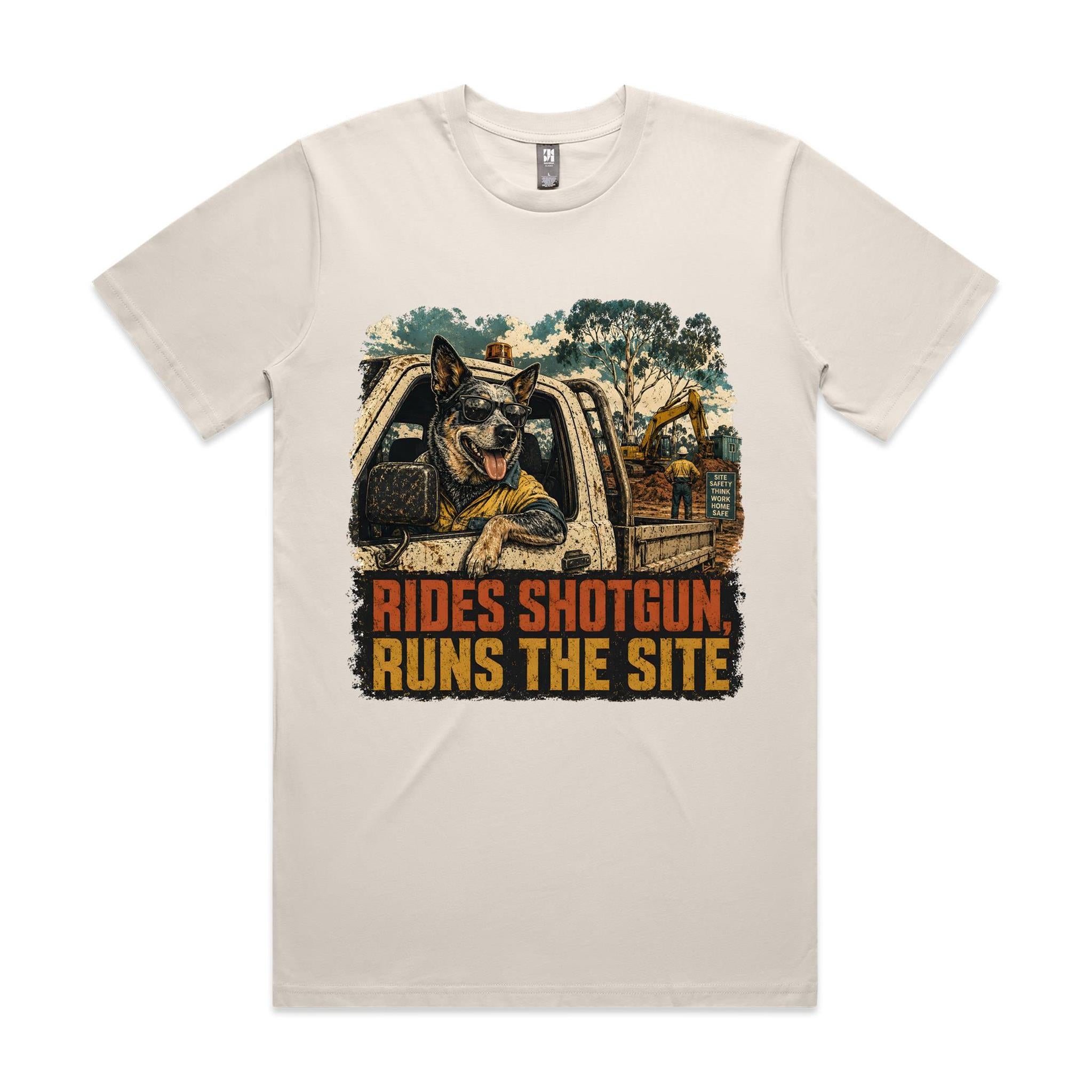 Rides Shotgun, Runs the Site — Blue Heeler Tradie Tee