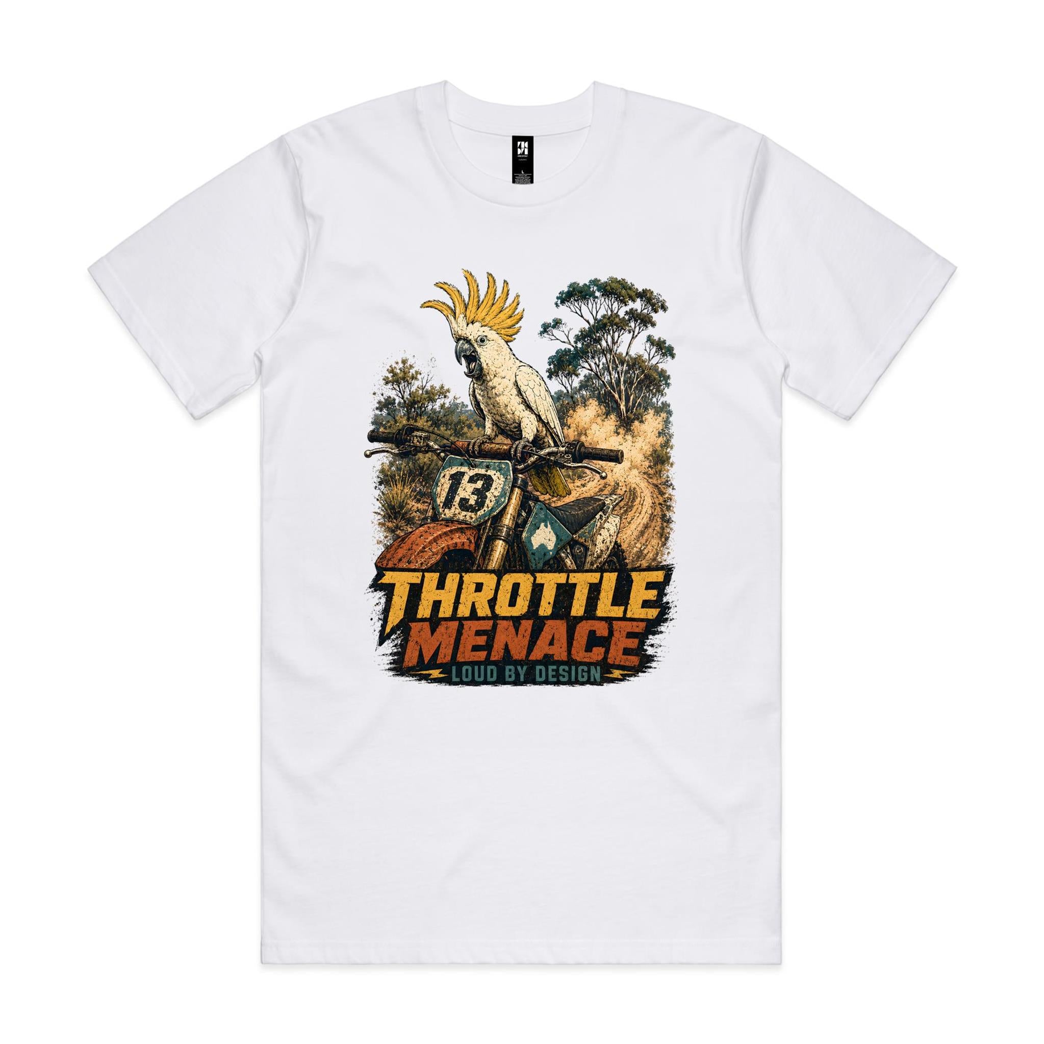Throttle Menace, Loud by Design — Cockatoo Dirt Bike Tee