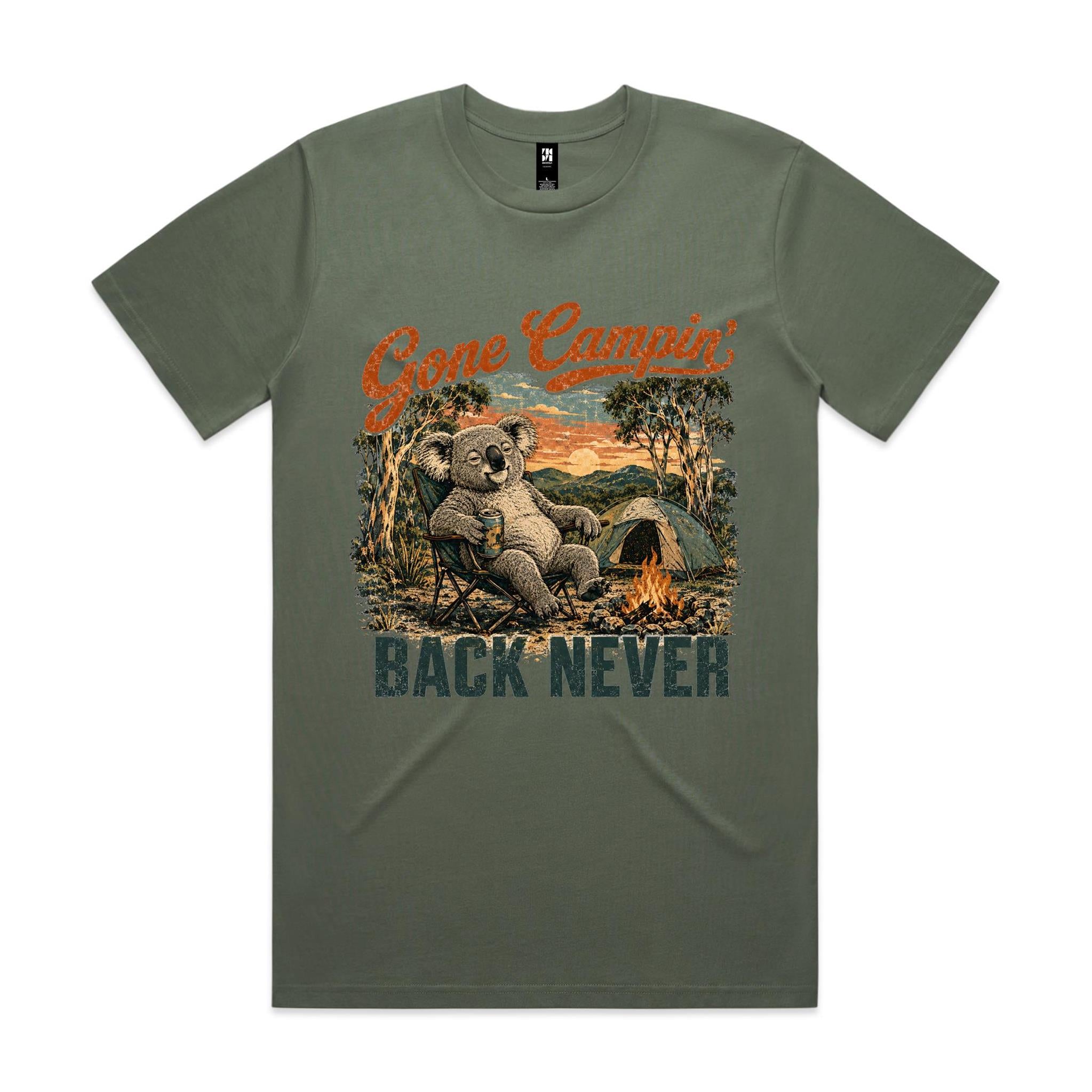 Gone Campin' Back Never — Koala Camping Tee