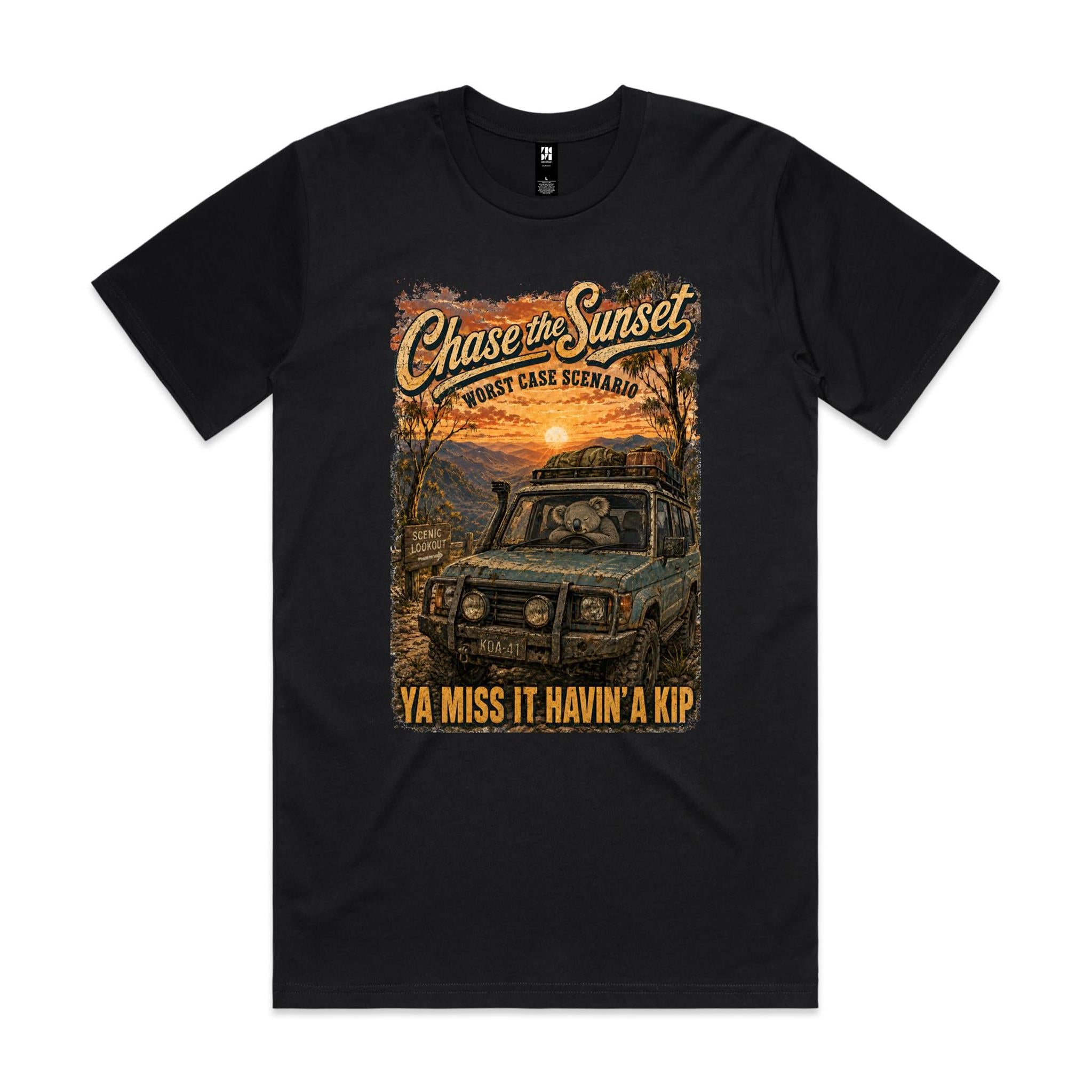 Chase the Sunset — Ya Miss It Havin' a Kip | Koala 4WD Tee