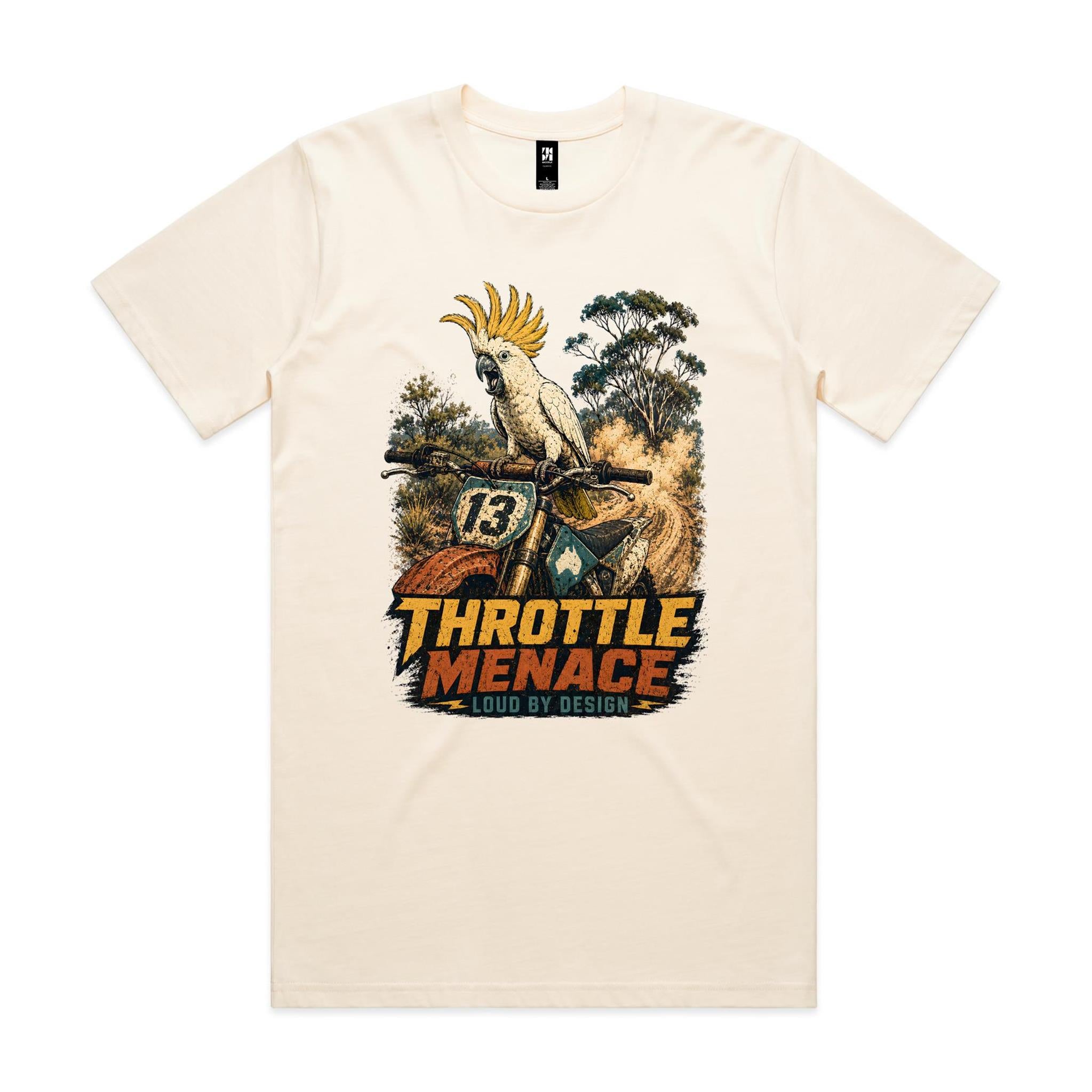 Throttle Menace, Loud by Design — Cockatoo Dirt Bike Tee