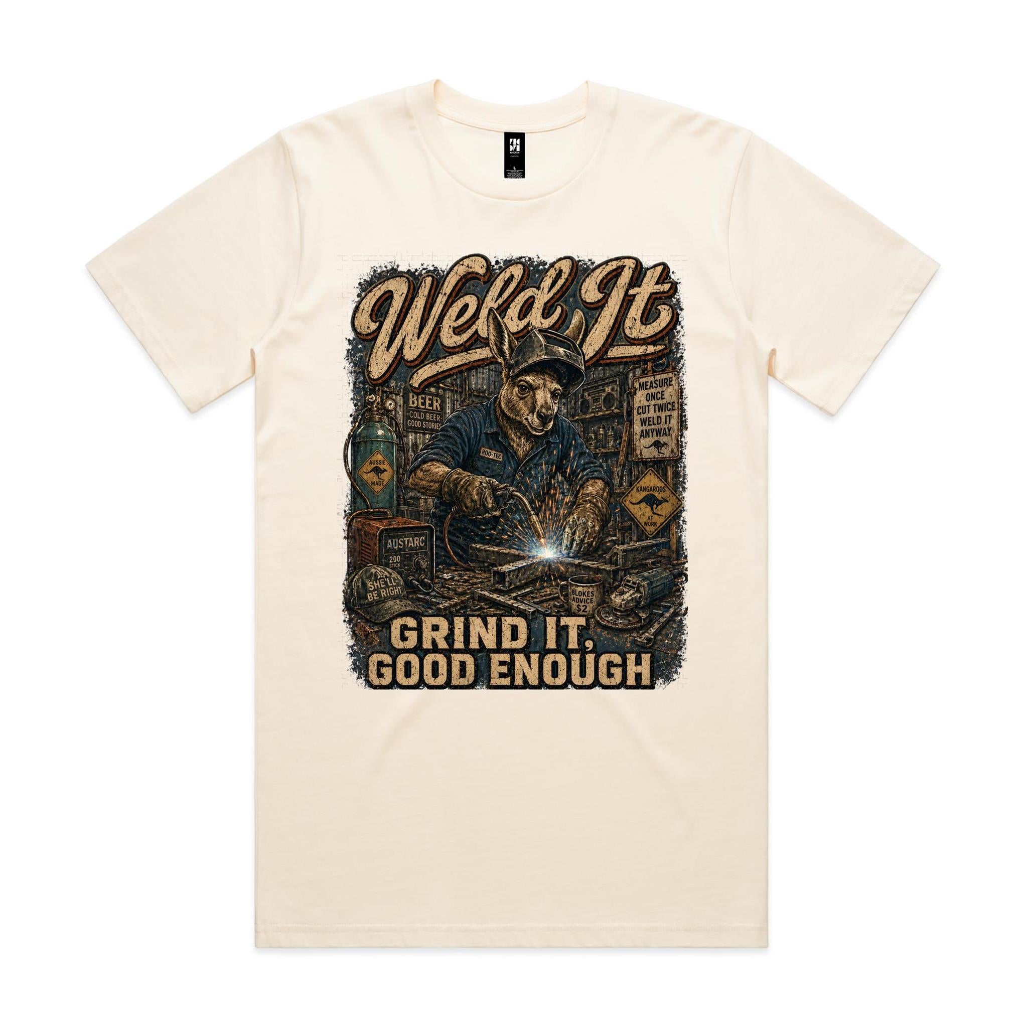 Weld It, Grind It — Good Enough | Kangaroo Welder Tee