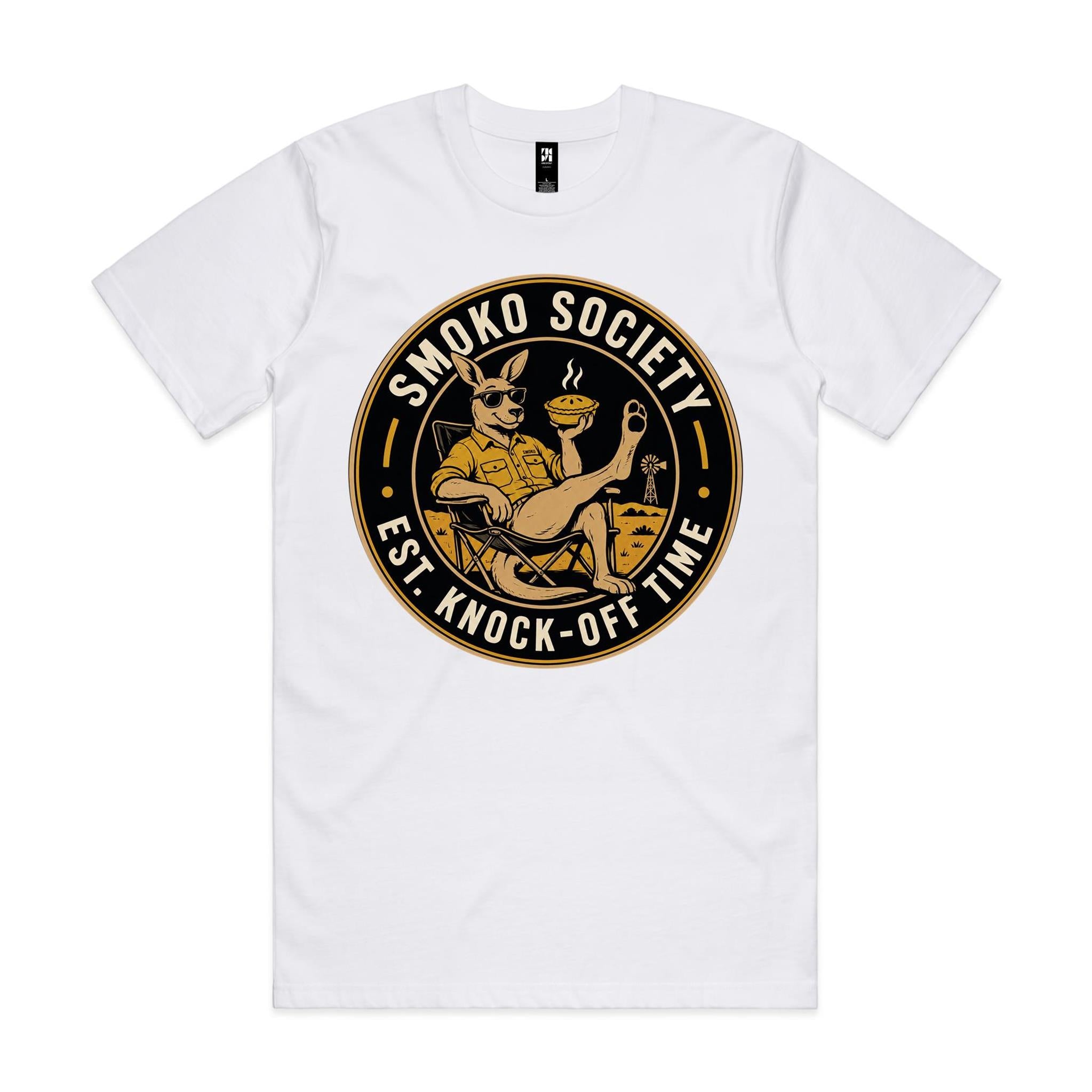 Smoko Society — Est. Knock-Off Time | Kangaroo Meat Pie Badge Tee