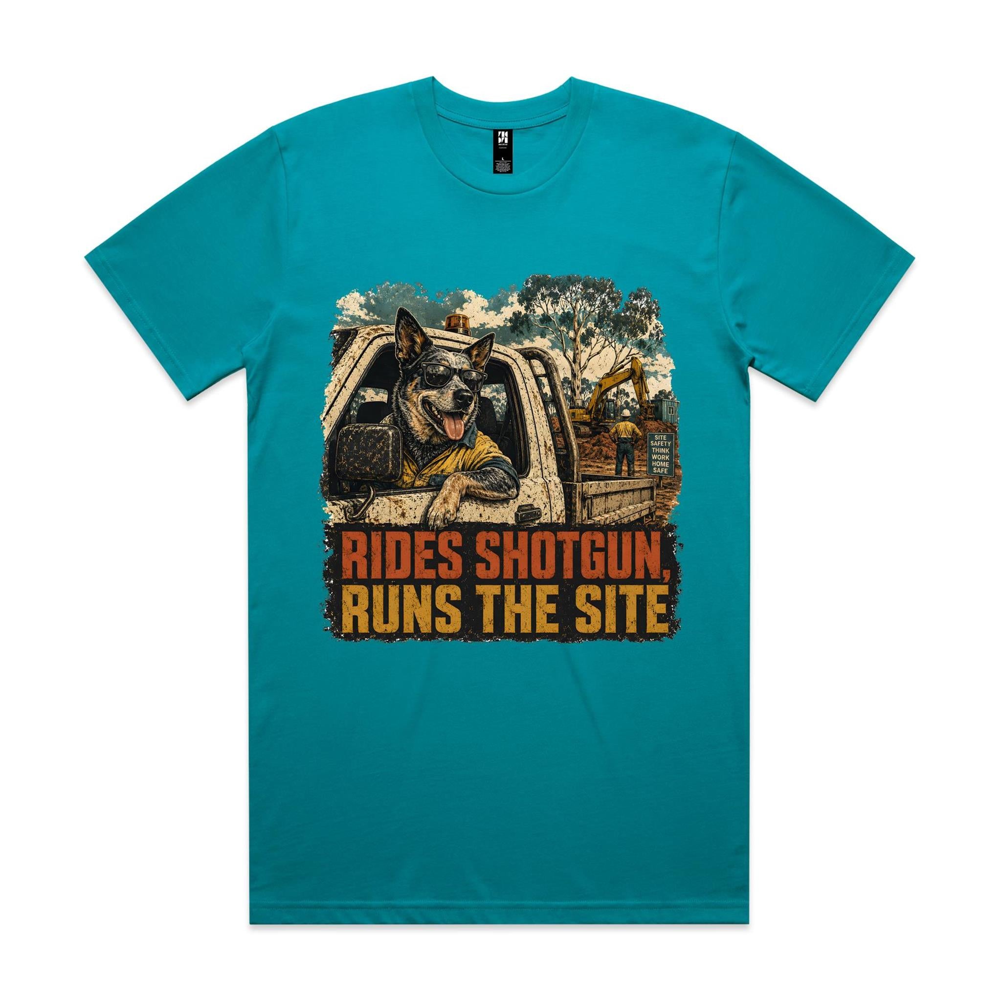 Rides Shotgun, Runs the Site — Blue Heeler Tradie Tee