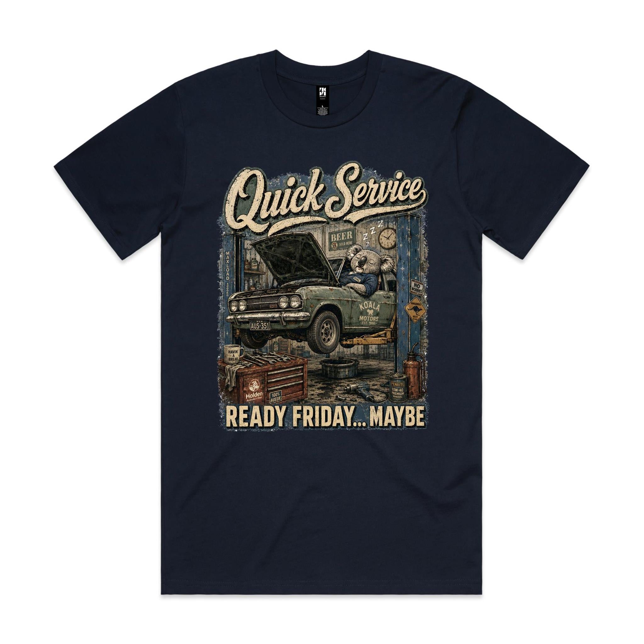 Quick Service — Ready Friday... Maybe | Koala Mechanic Tee
