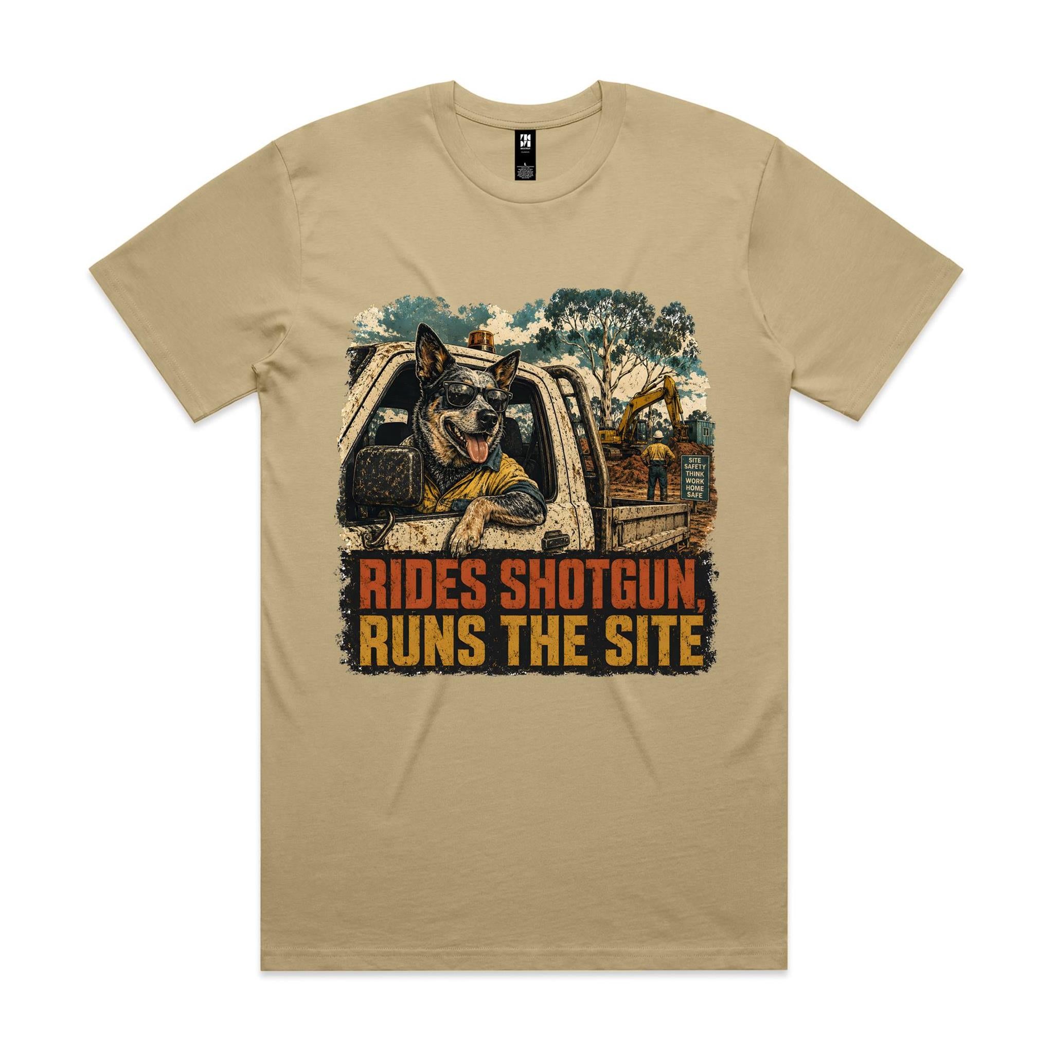 Rides Shotgun, Runs the Site — Blue Heeler Tradie Tee