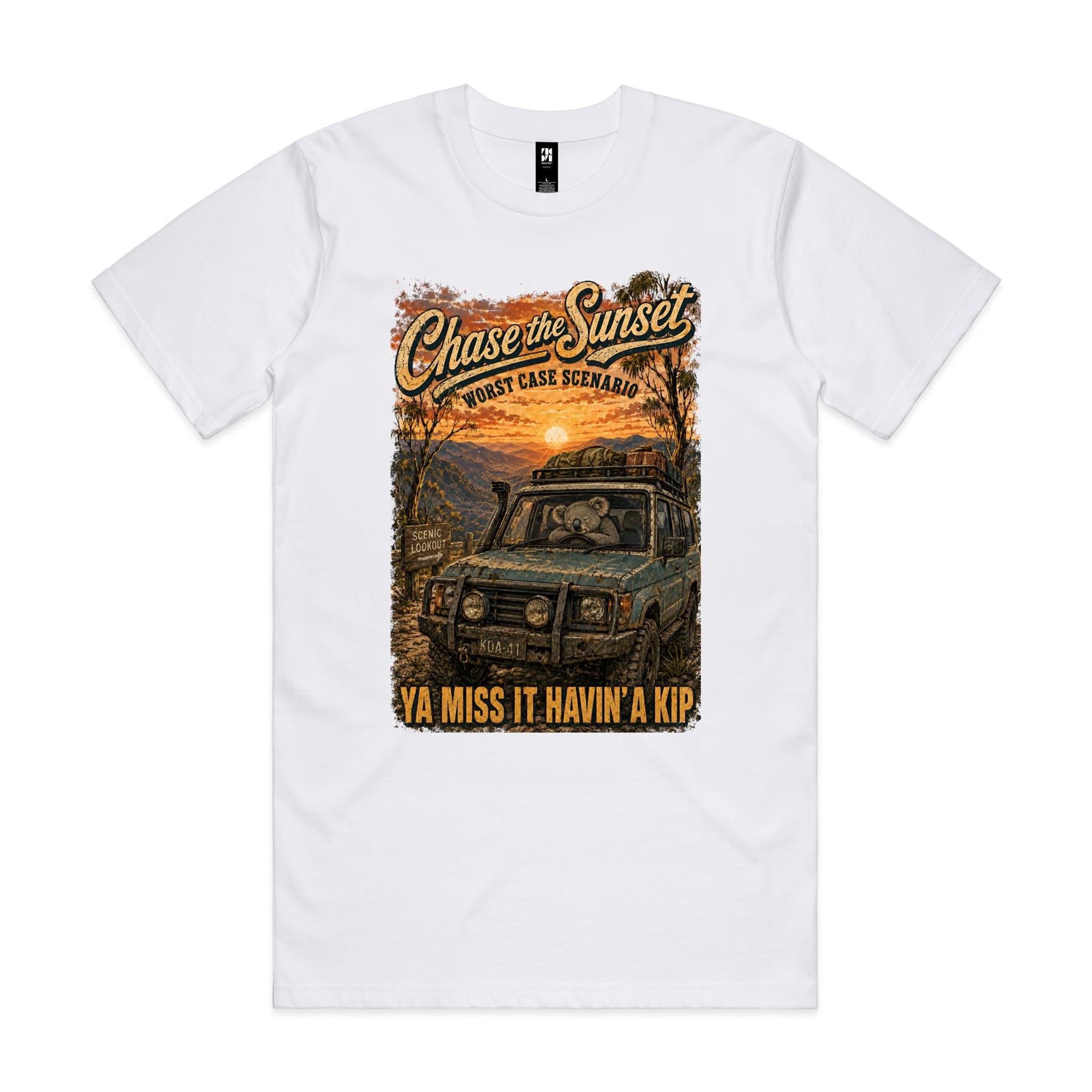 Chase the Sunset — Ya Miss It Havin' a Kip | Koala 4WD Tee